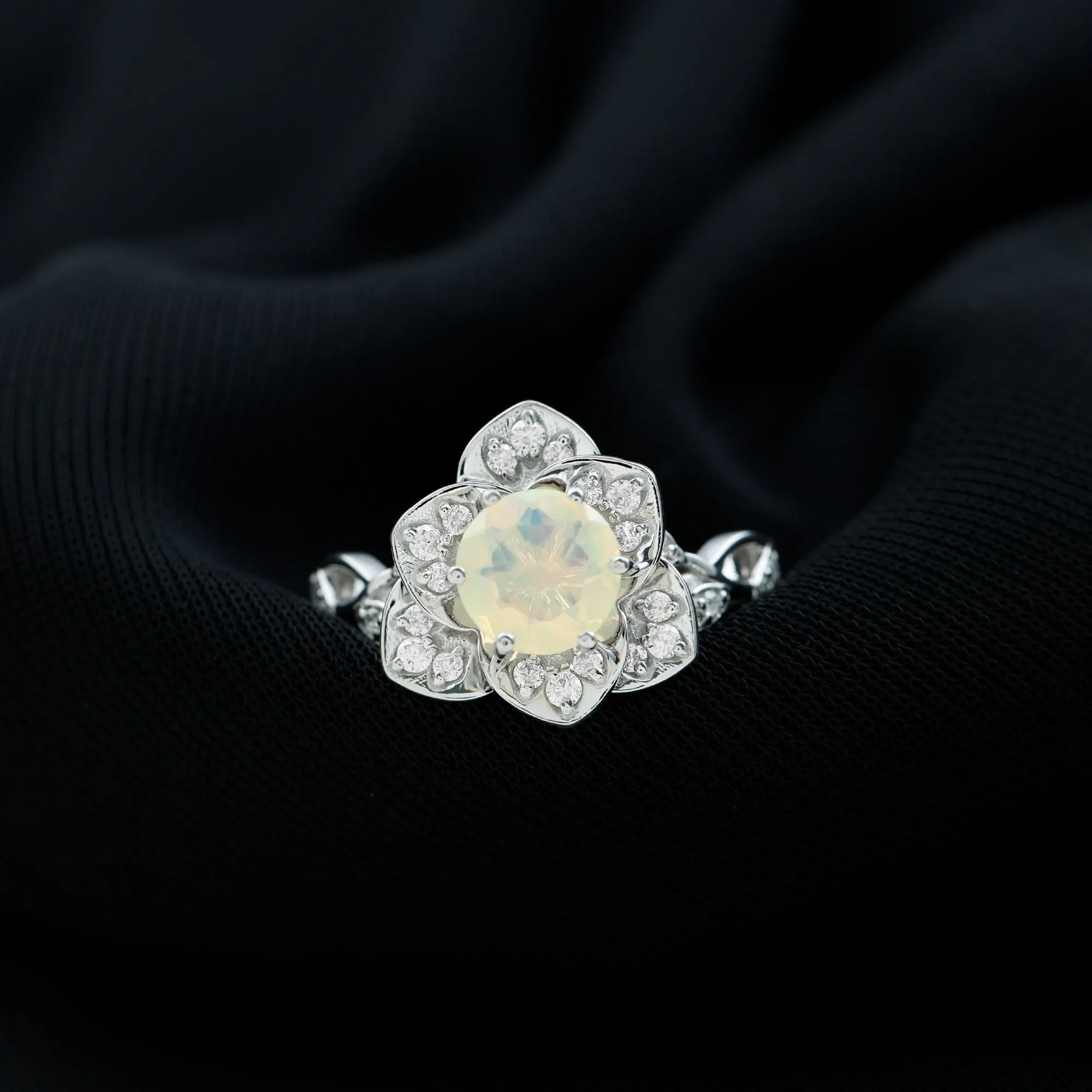 Ethiopian Opal Flower Engagement Ring with Diamond Accent