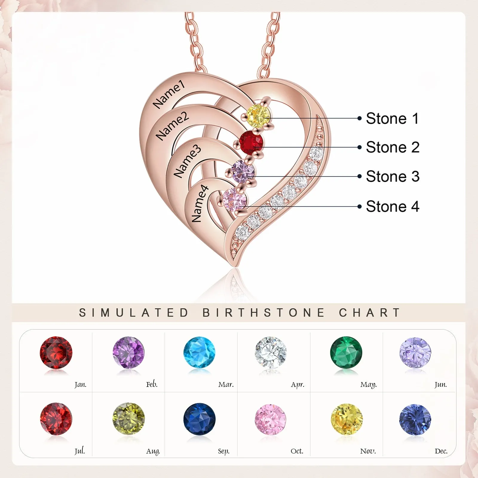 Family Name Heart Necklaces for Women Birthstone Engraving Necklace