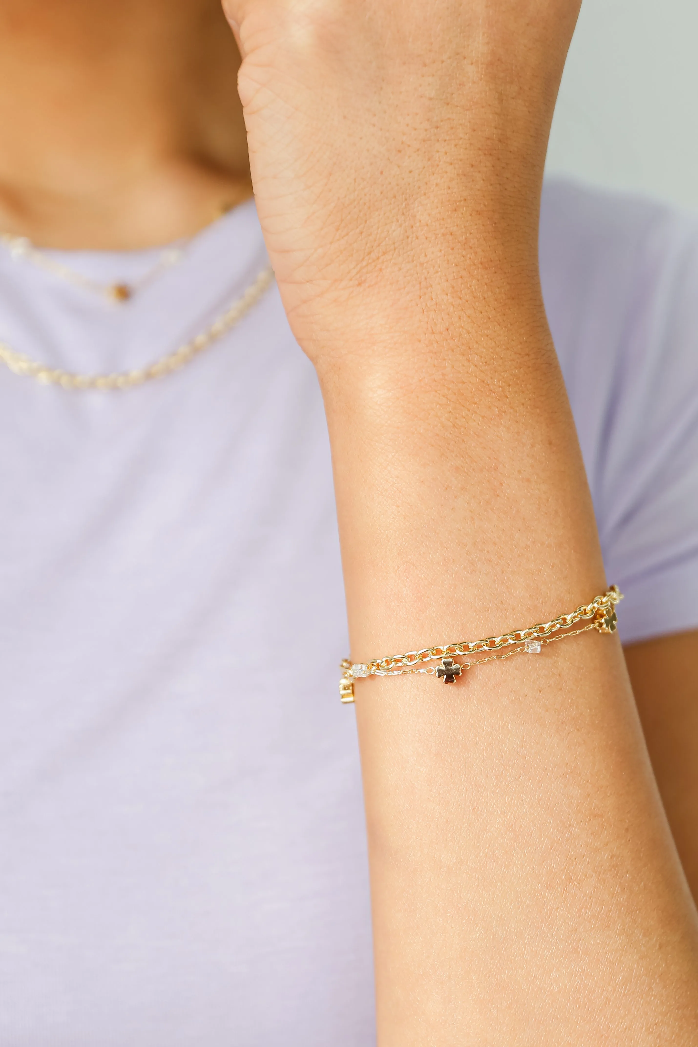 FINAL SALE - Bridget Gold Four Leaf Clover Layered Chain Bracelet