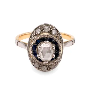 French Belle Epoque Diamond Sapphire Yellow Gold & White Gold Cluster Ring