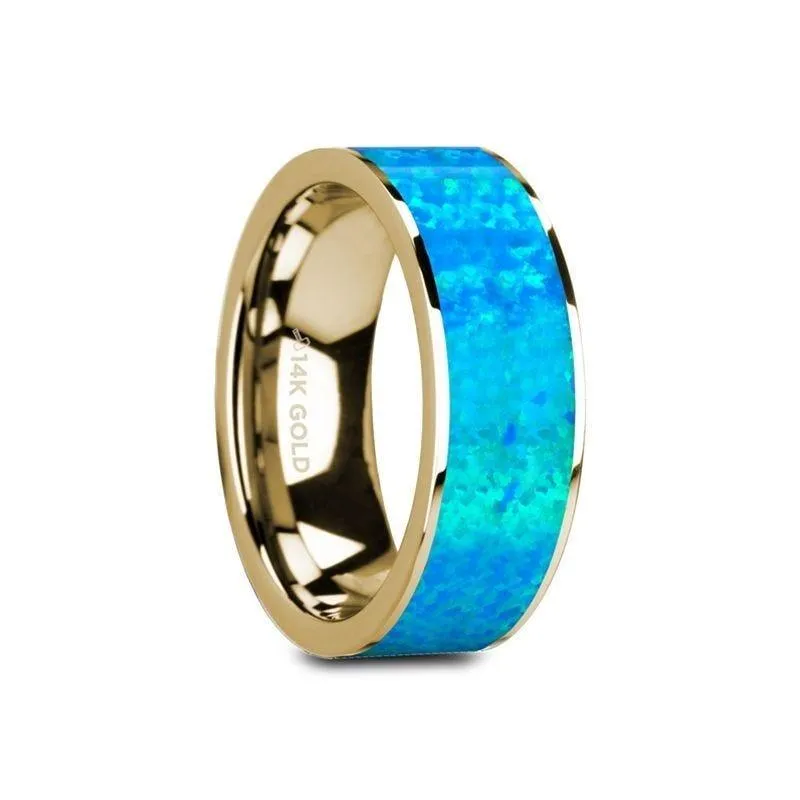 GANYMEDE Flat 14K Yellow Gold Ring with Blue Opal Inlay and Polished Edges - 8mm