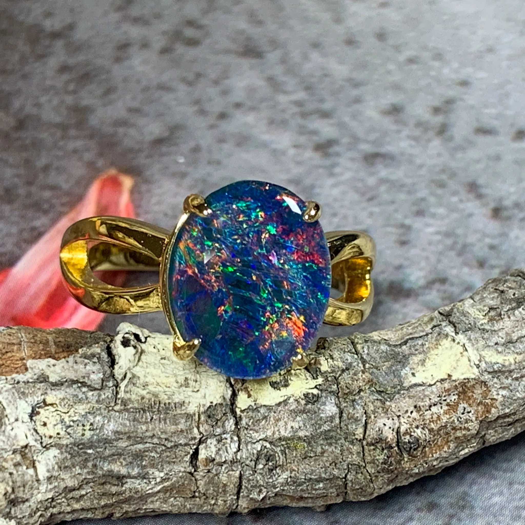 Gold Plated 12x10mm Opal triplet split shank ring