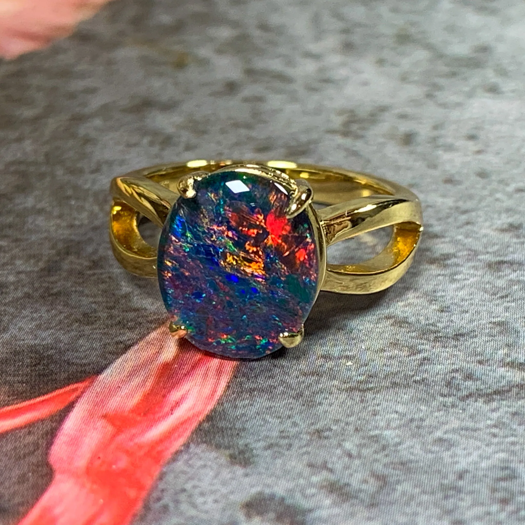 Gold Plated 12x10mm Opal triplet split shank ring