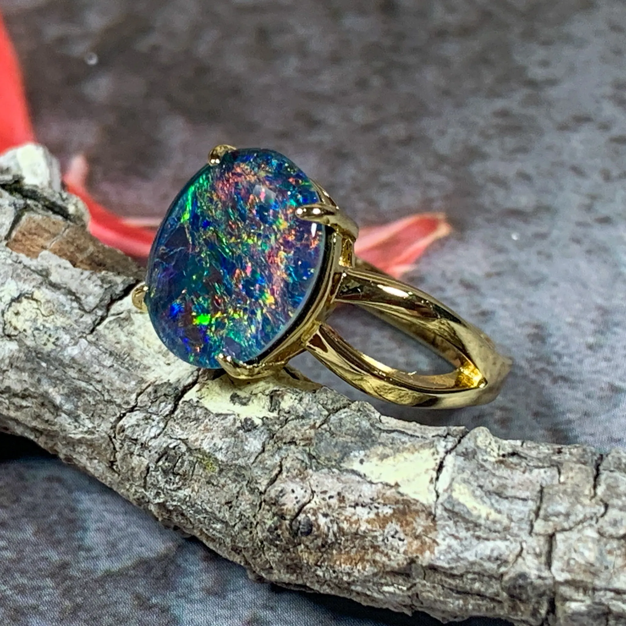 Gold Plated 12x10mm Opal triplet split shank ring