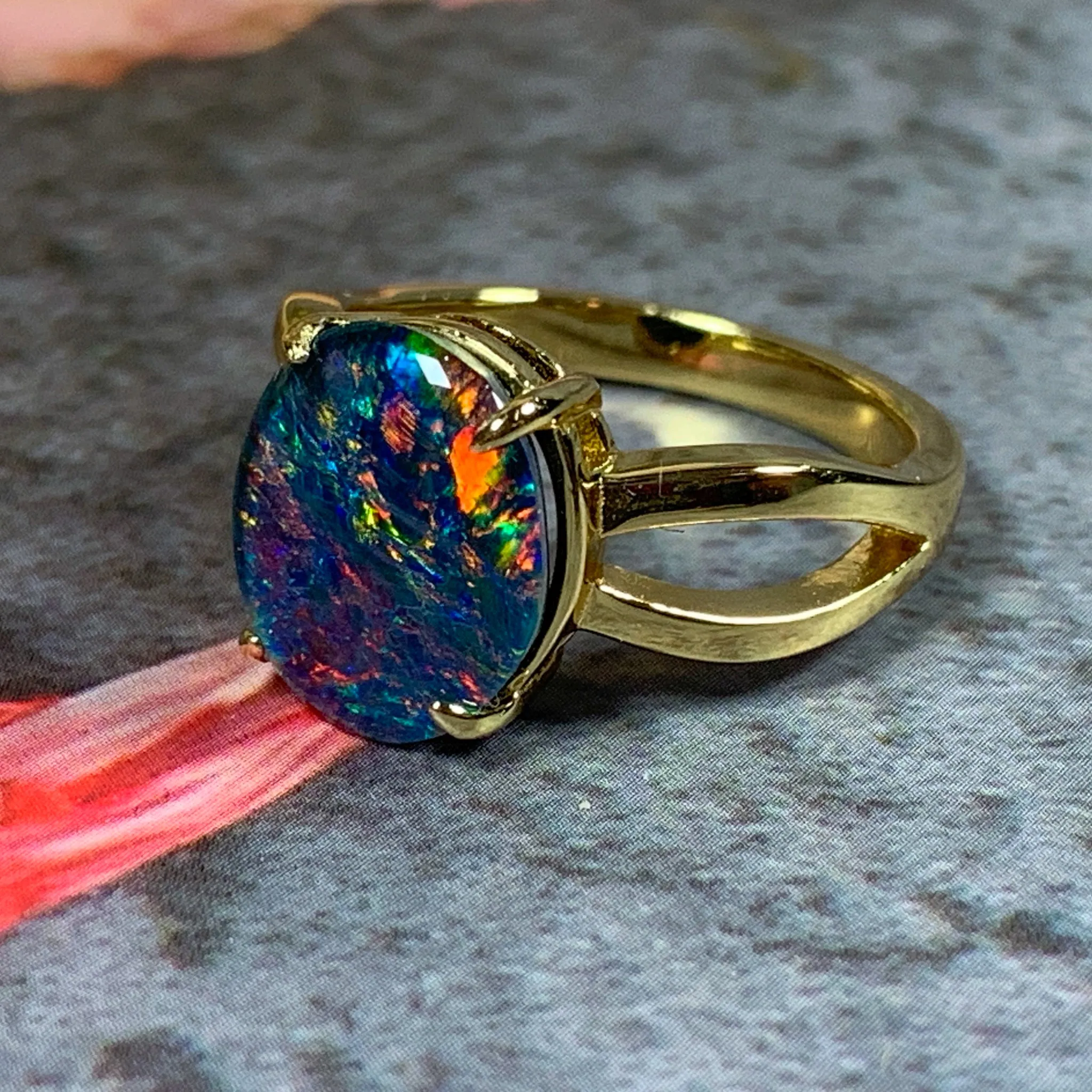 Gold Plated 12x10mm Opal triplet split shank ring