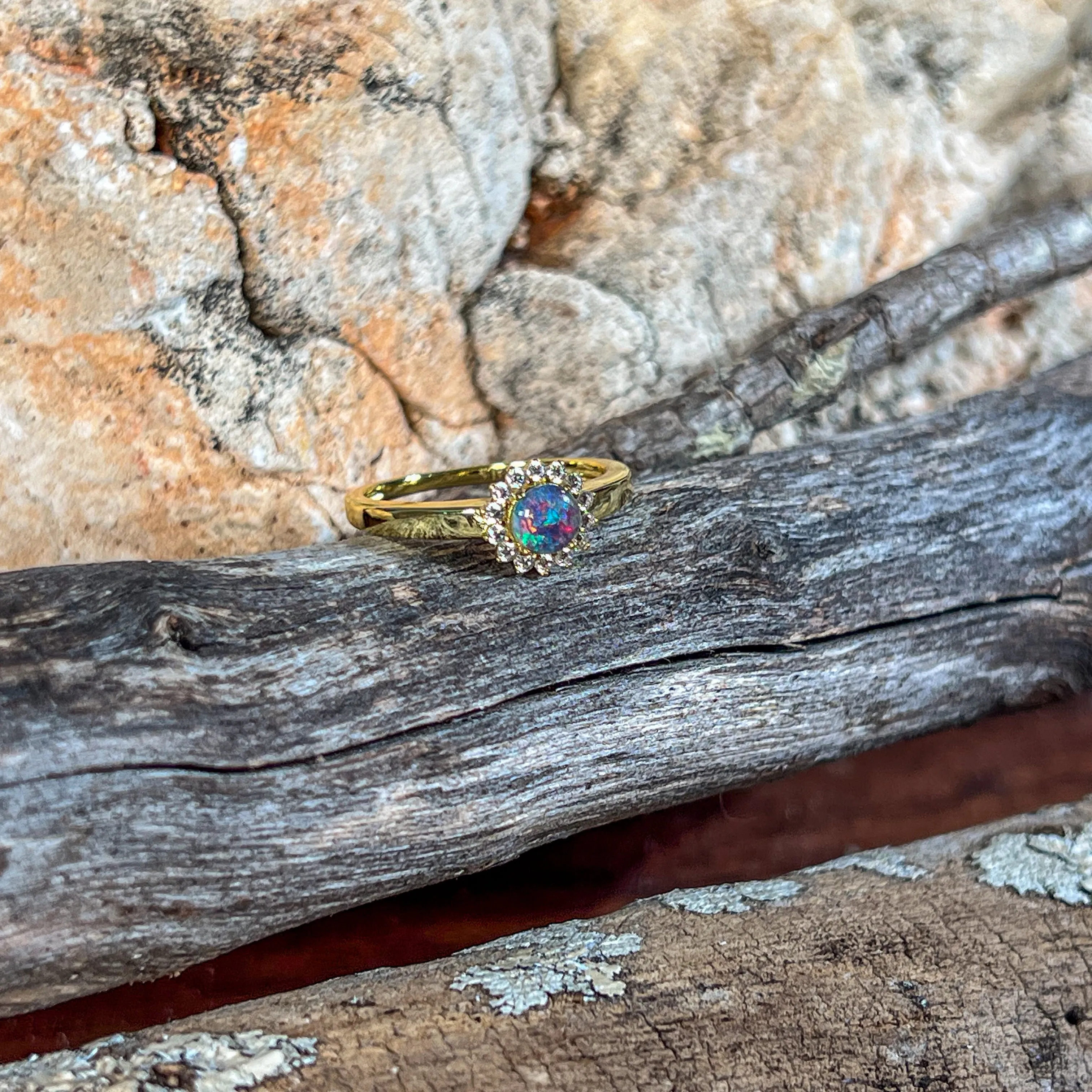 Gold plated silver small cluster 5mm Triplet Opal ring