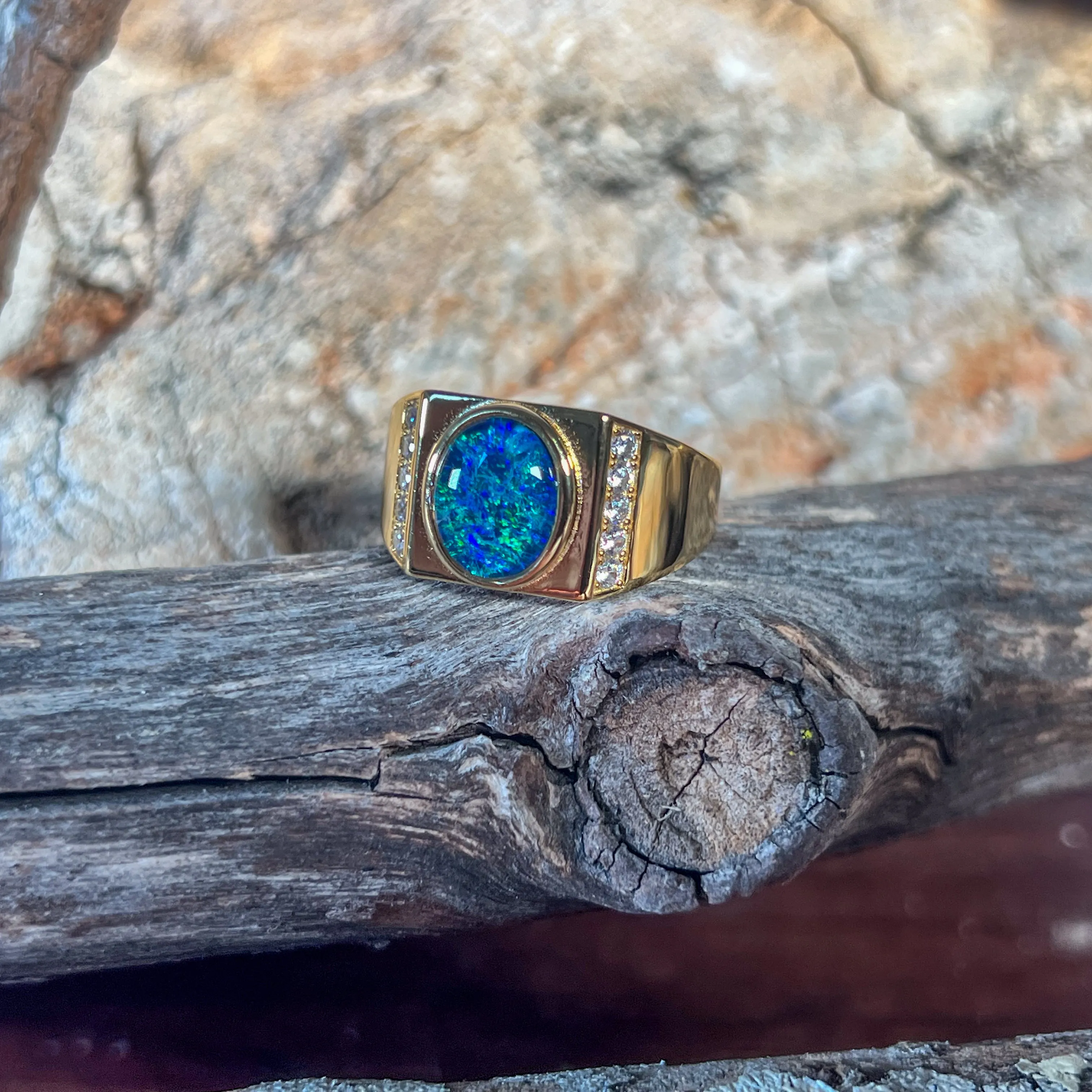 Gold plated sterling silver 11x9mm Opal triplet and cz ring