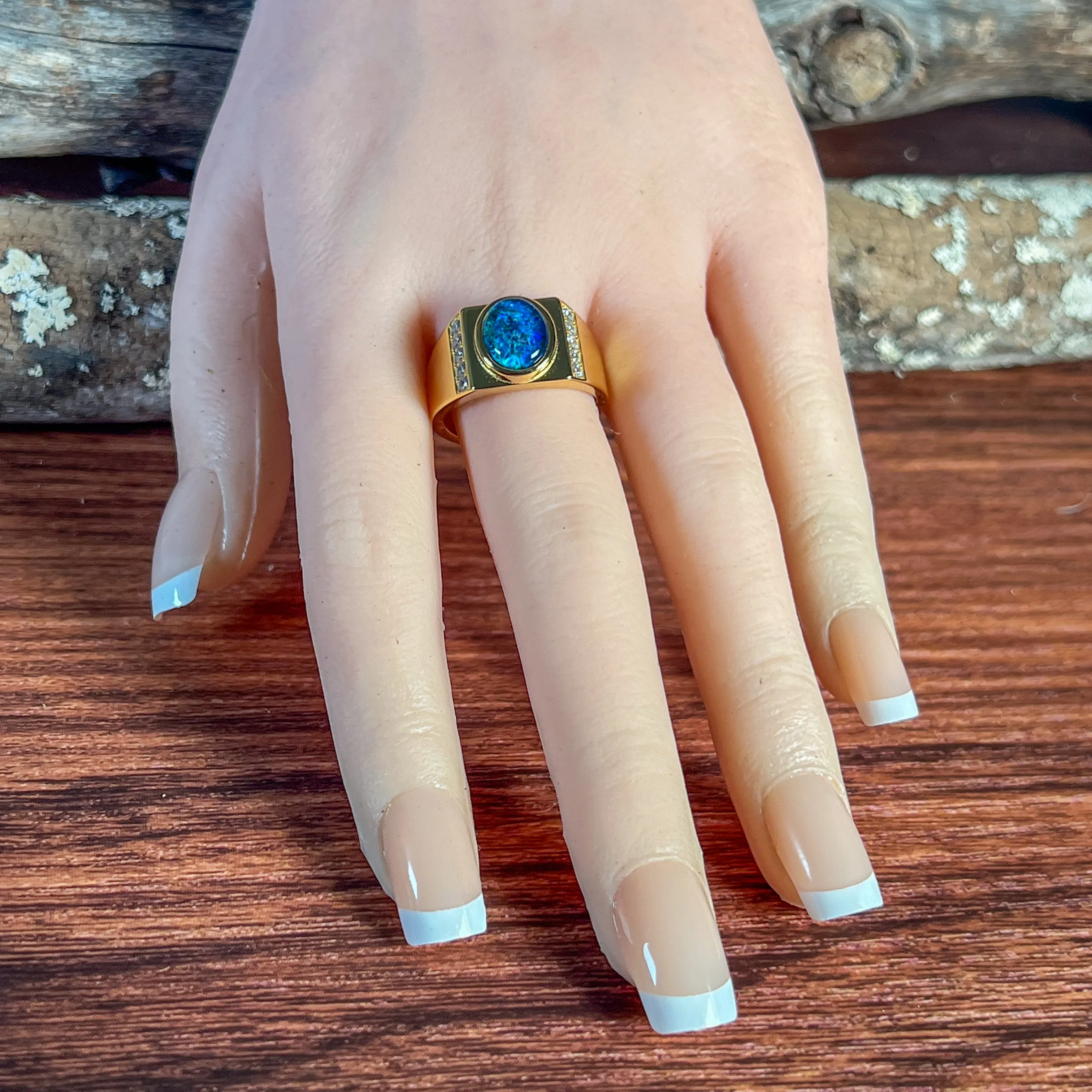 Gold plated sterling silver 11x9mm Opal triplet and cz ring