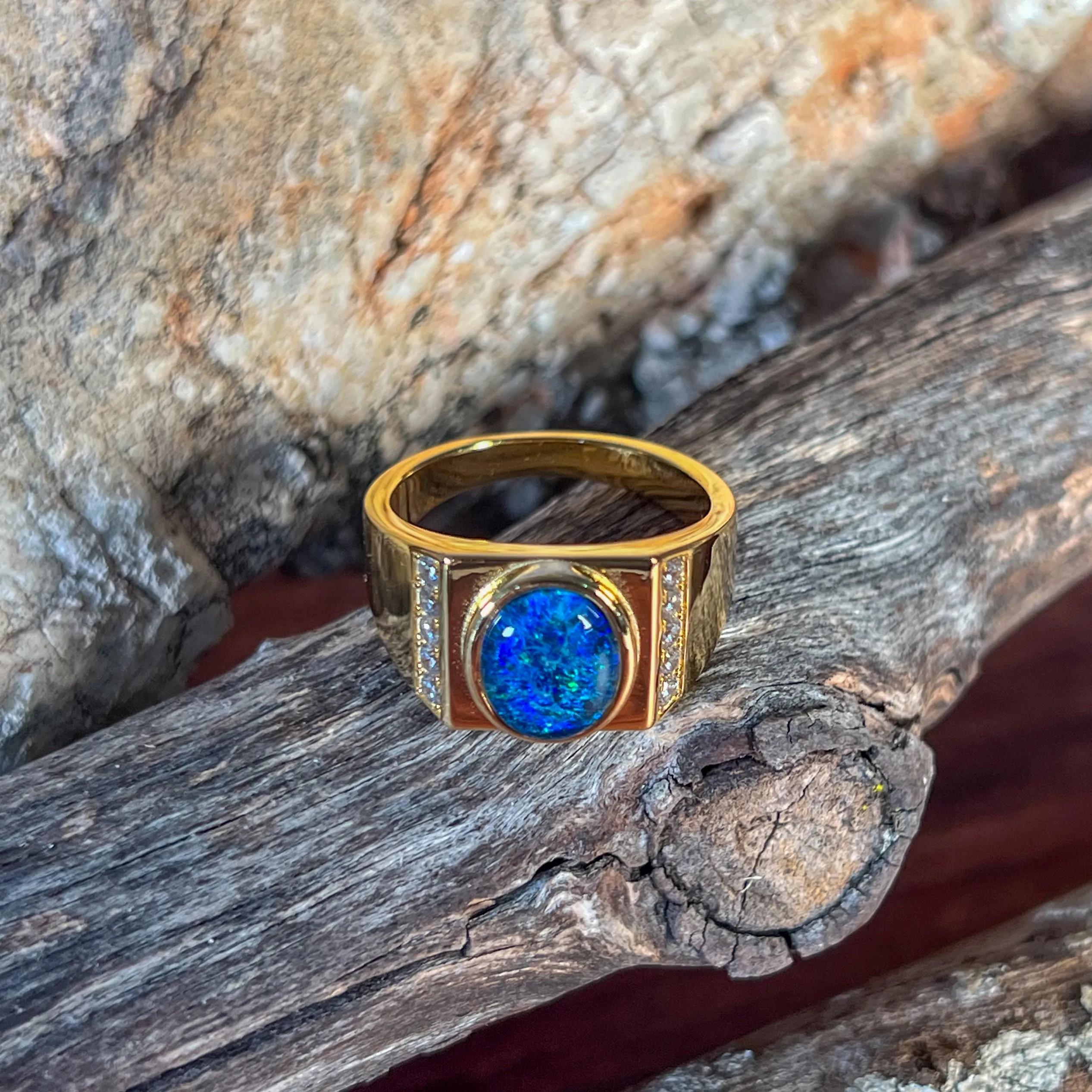 Gold plated sterling silver 11x9mm Opal triplet and cz ring