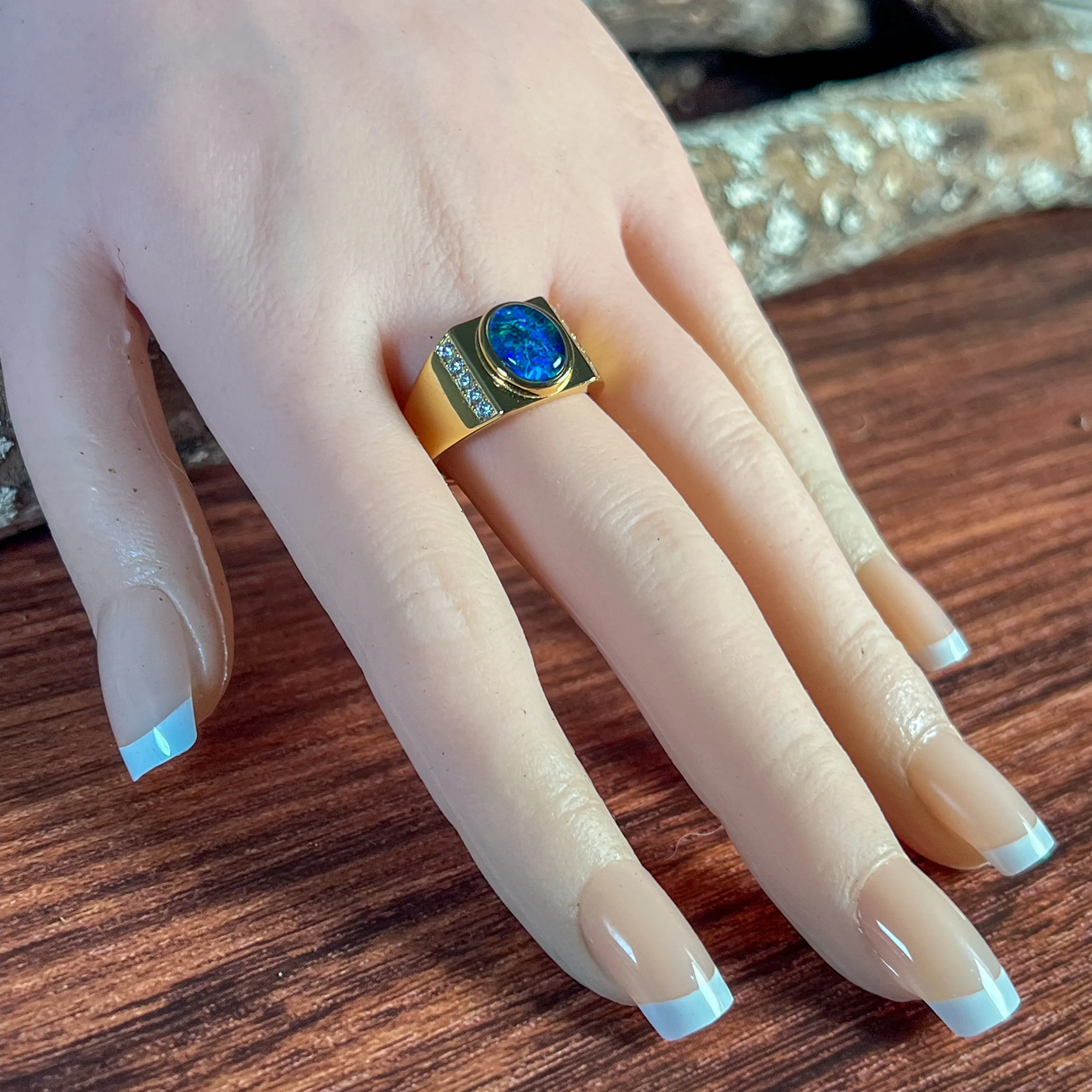 Gold plated sterling silver 11x9mm Opal triplet and cz ring