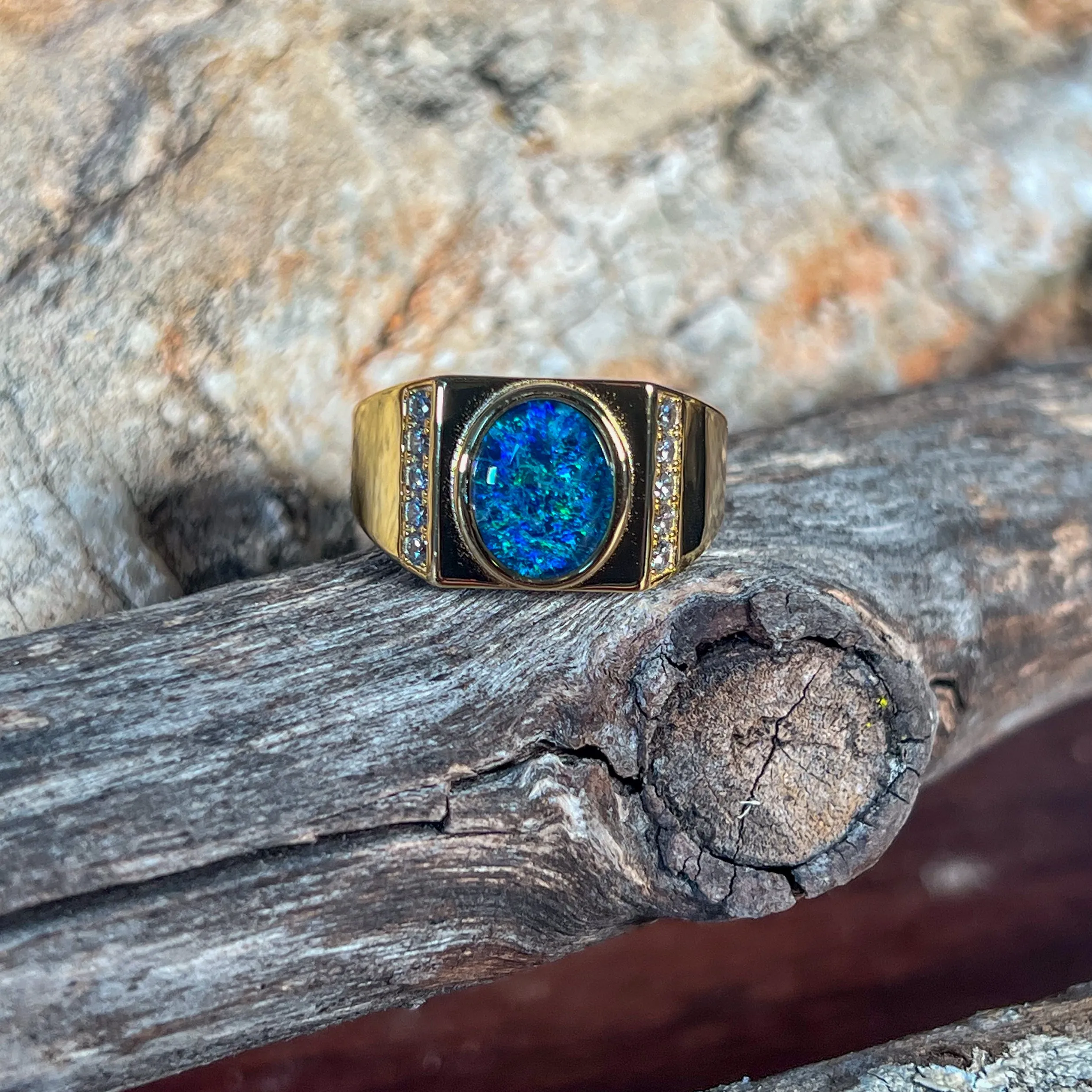 Gold plated sterling silver 11x9mm Opal triplet and cz ring