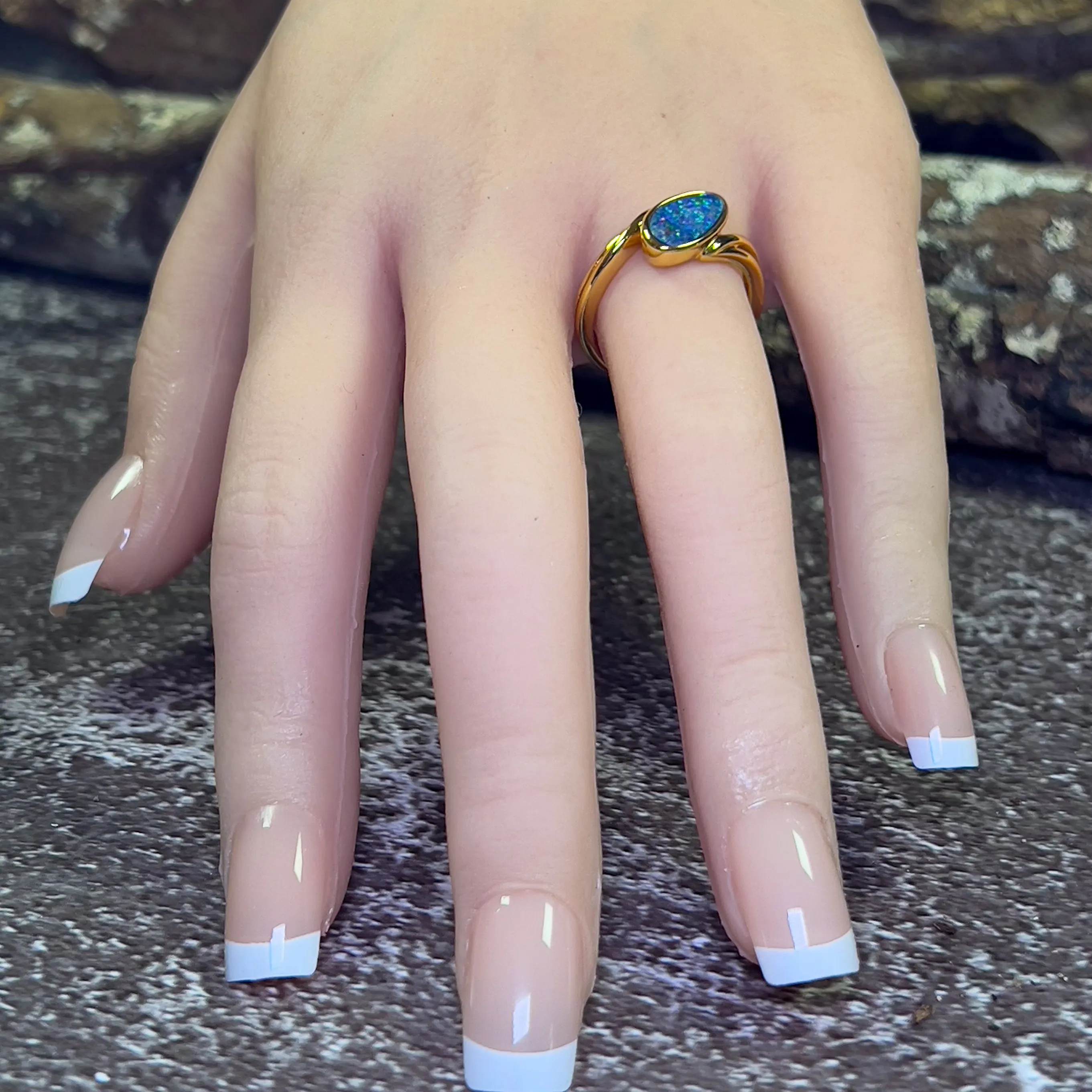 Gold Plated Sterling Silver cross over style Opal doublet ring