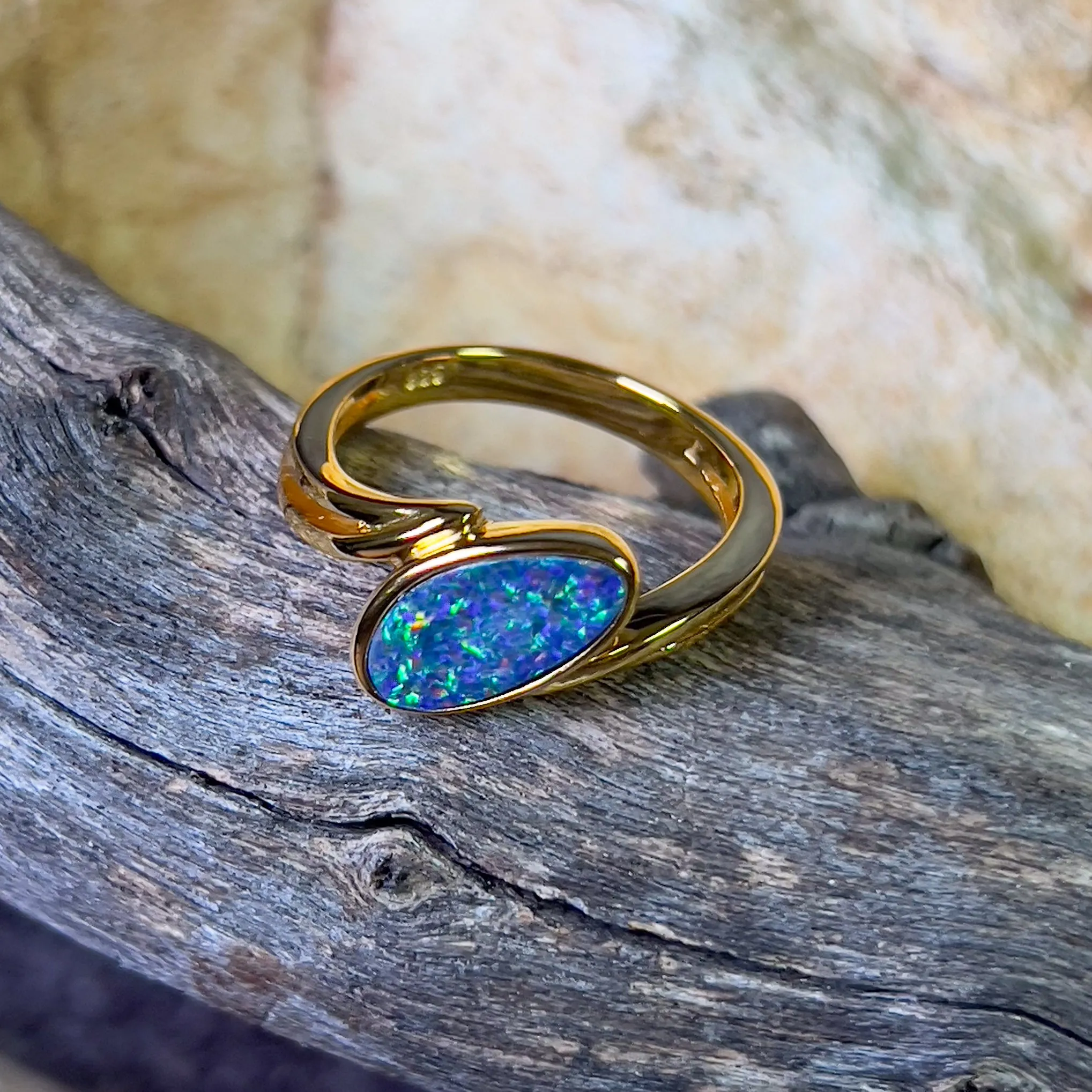 Gold Plated Sterling Silver cross over style Opal doublet ring