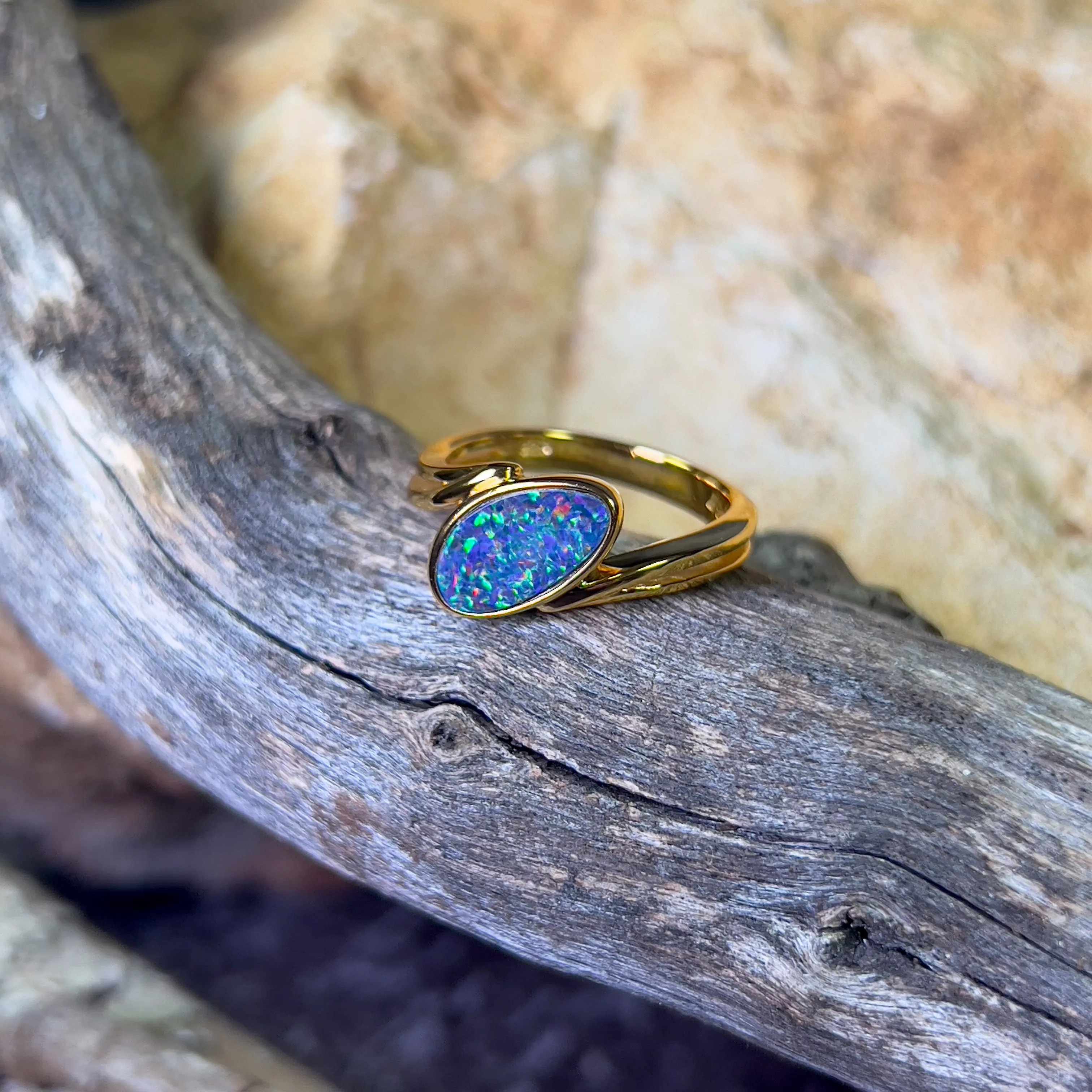 Gold Plated Sterling Silver cross over style Opal doublet ring