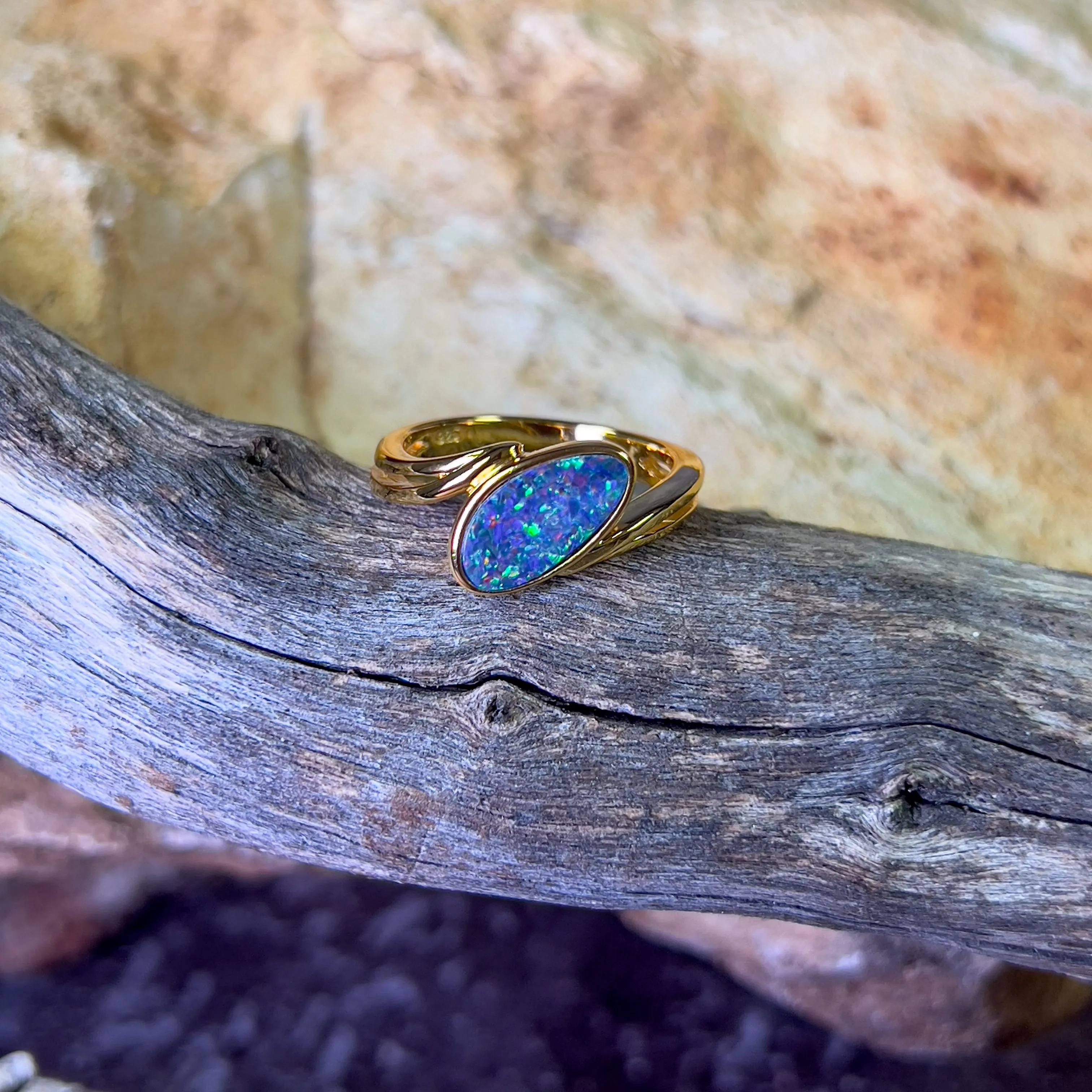 Gold Plated Sterling Silver cross over style Opal doublet ring