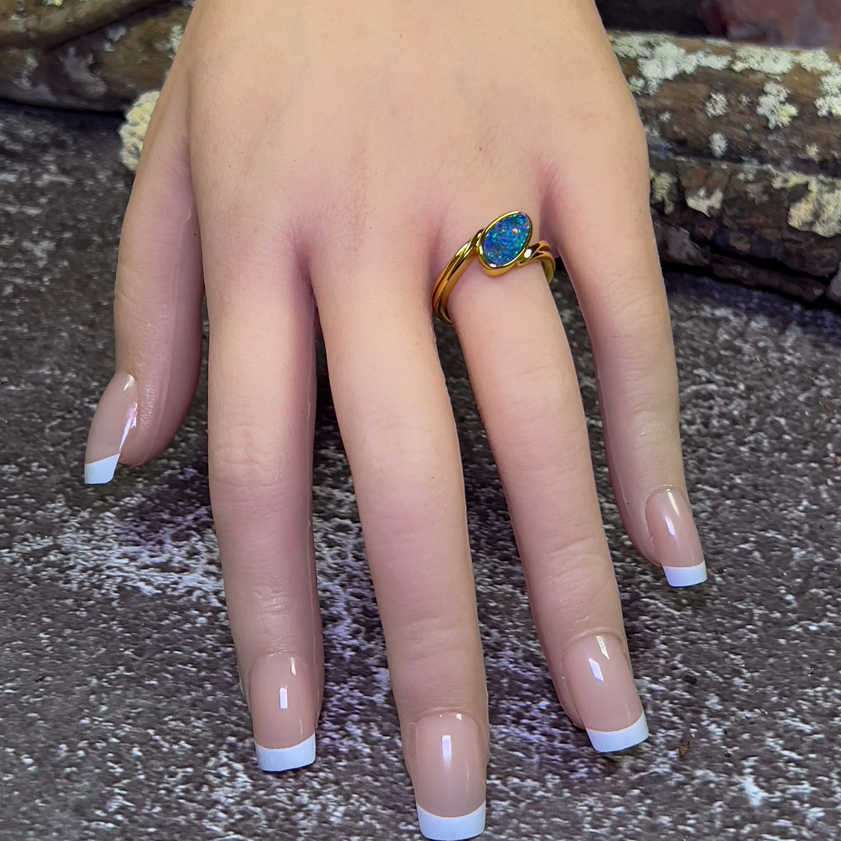 Gold Plated Sterling Silver cross over style Opal doublet ring