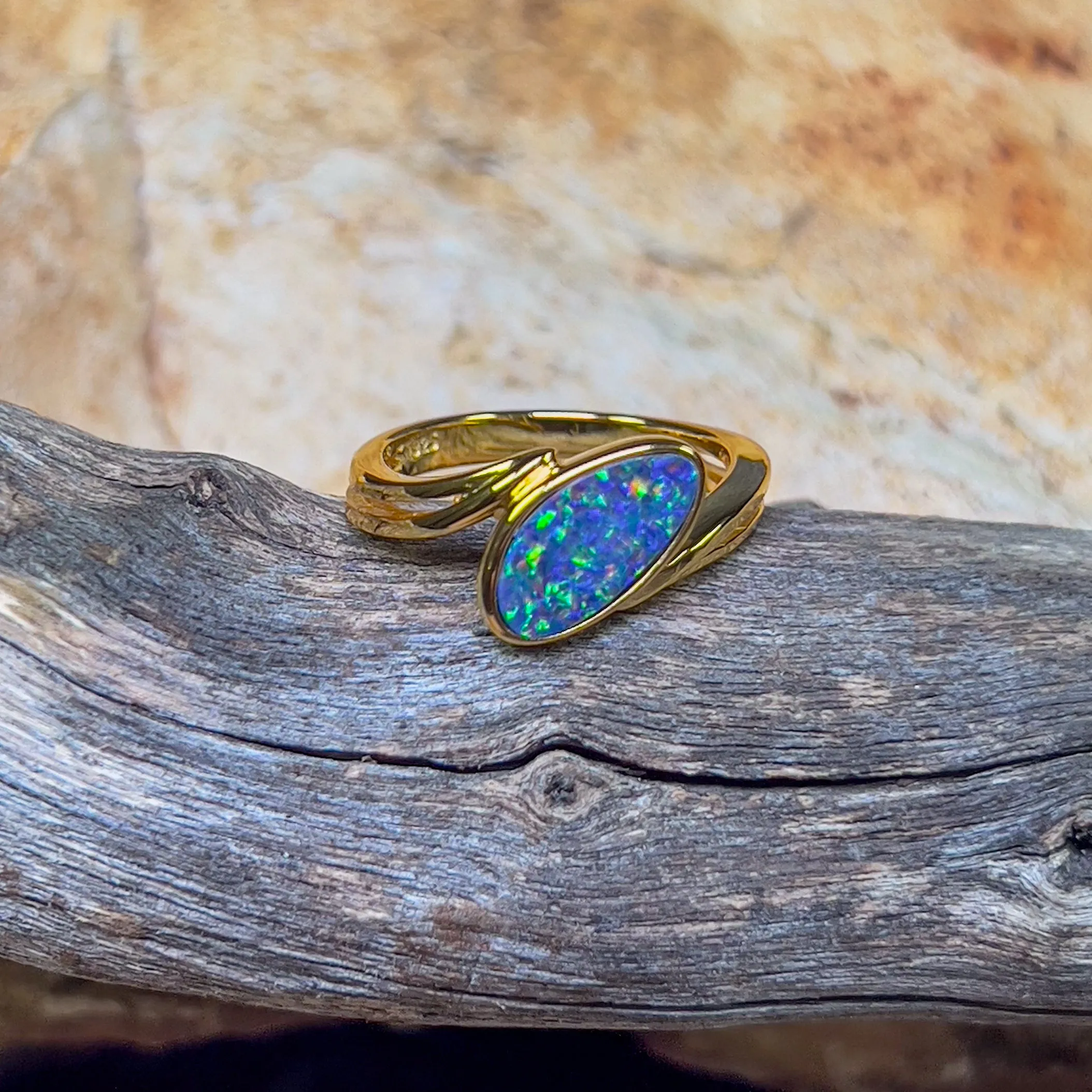 Gold Plated Sterling Silver cross over style Opal doublet ring