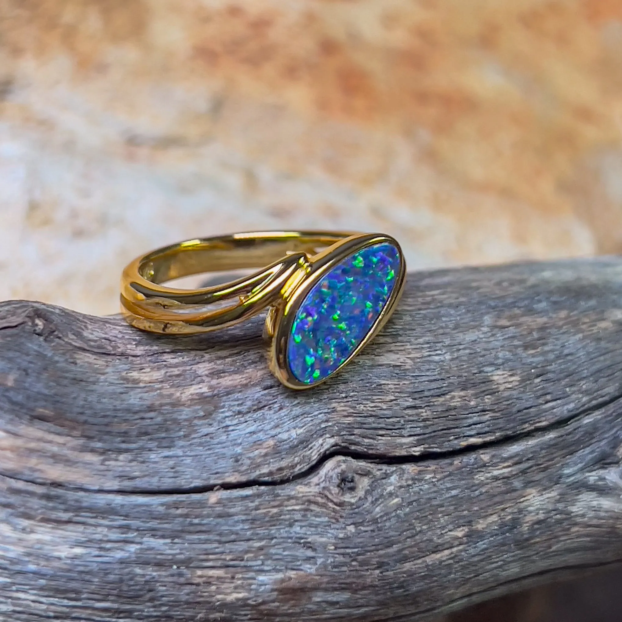 Gold Plated Sterling Silver cross over style Opal doublet ring