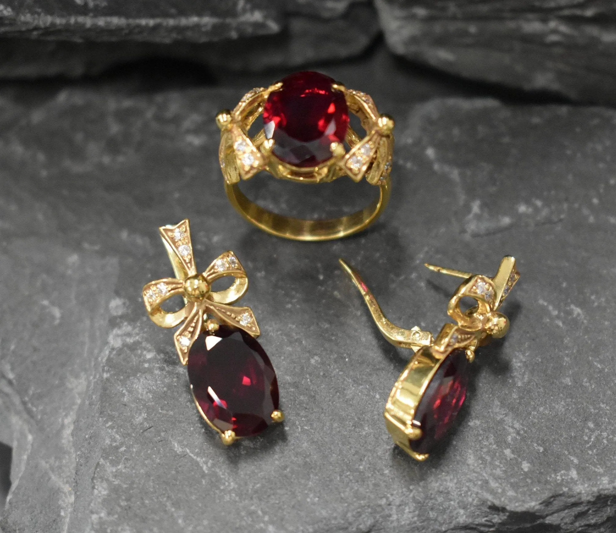 Gold Ruby Earrings - Red Ribbon Earrings, Drop Ribbon Earrings