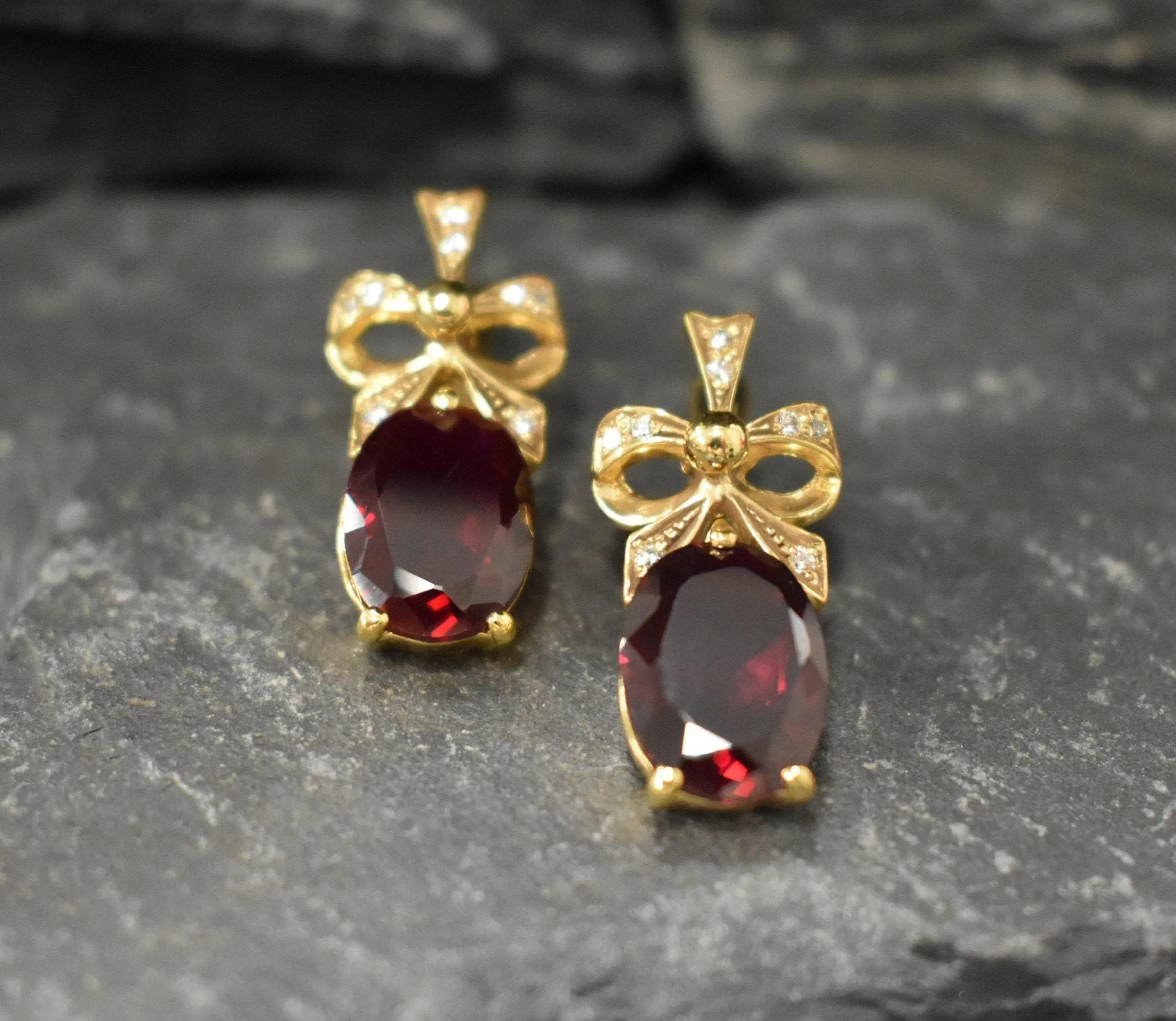 Gold Ruby Earrings - Red Ribbon Earrings, Drop Ribbon Earrings