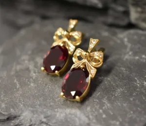 Gold Ruby Earrings - Red Ribbon Earrings, Drop Ribbon Earrings