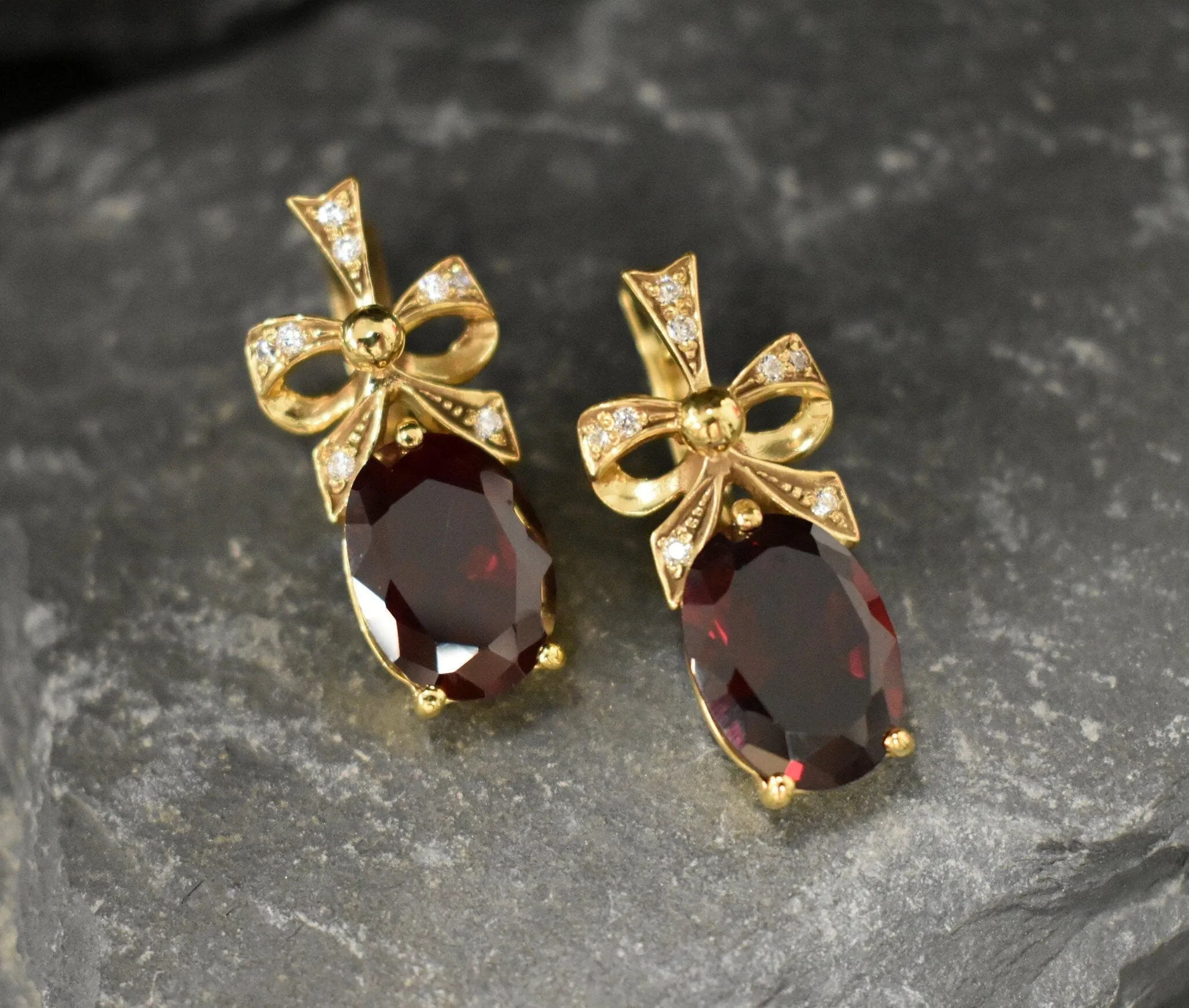 Gold Ruby Earrings - Red Ribbon Earrings, Drop Ribbon Earrings