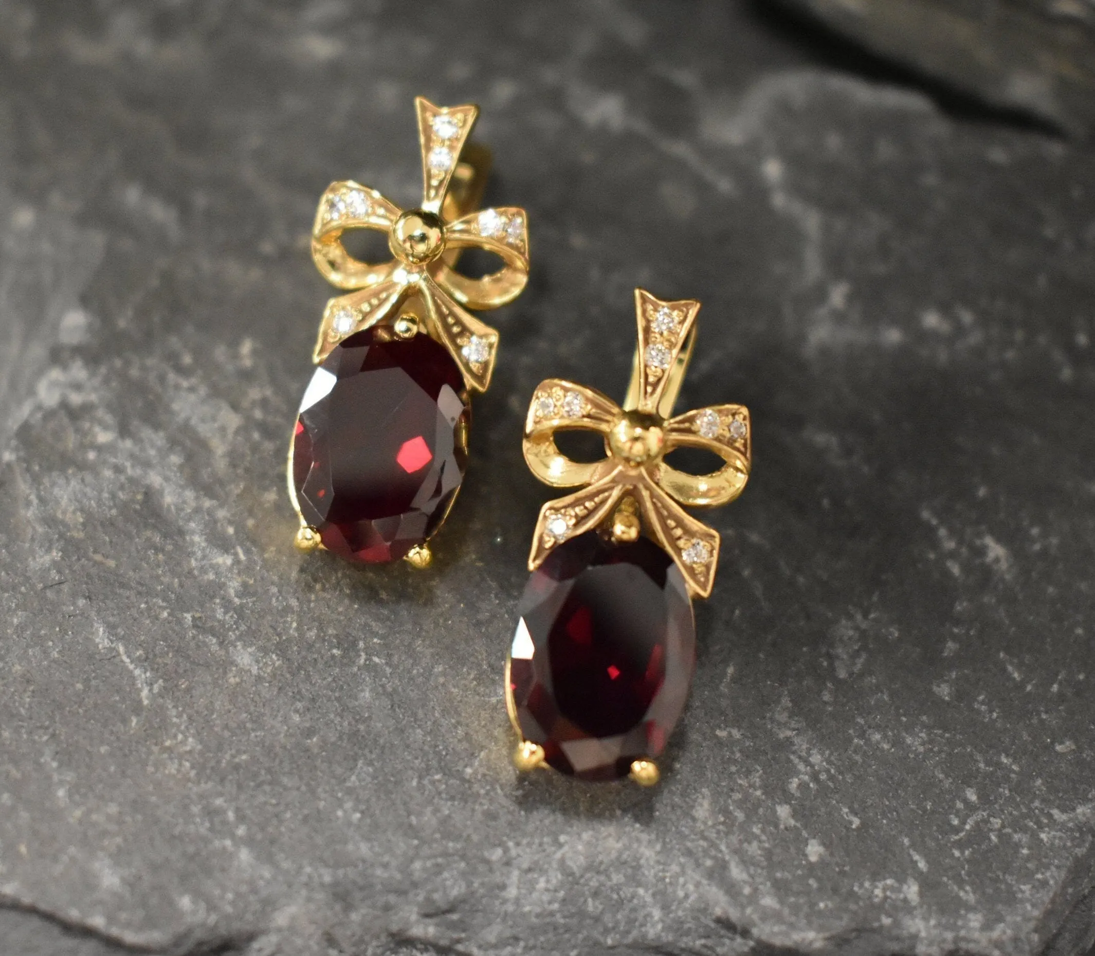 Gold Ruby Earrings - Red Ribbon Earrings, Drop Ribbon Earrings