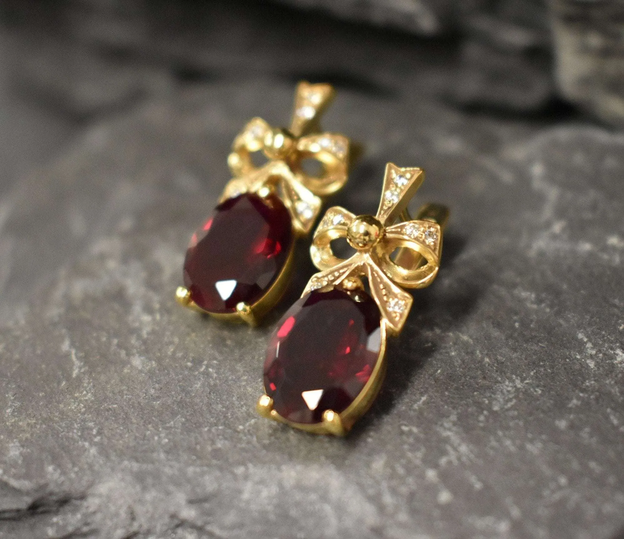 Gold Ruby Earrings - Red Ribbon Earrings, Drop Ribbon Earrings