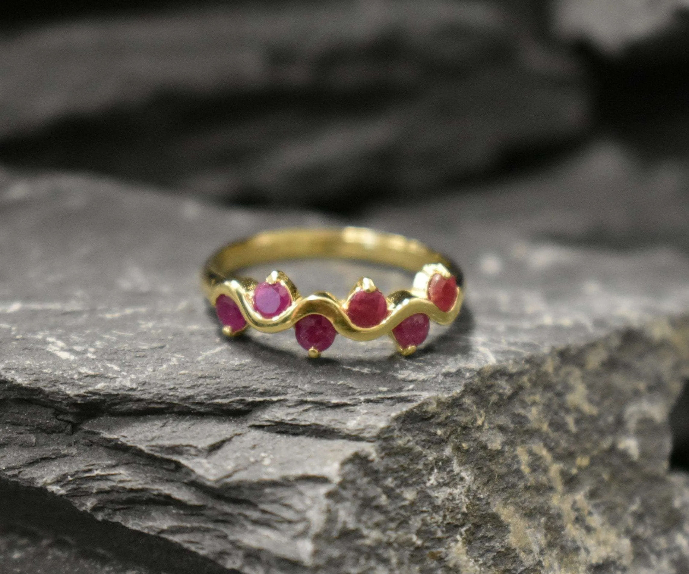 Gold Ruby Ring - Half Eternity Ring - Red Wavy Band