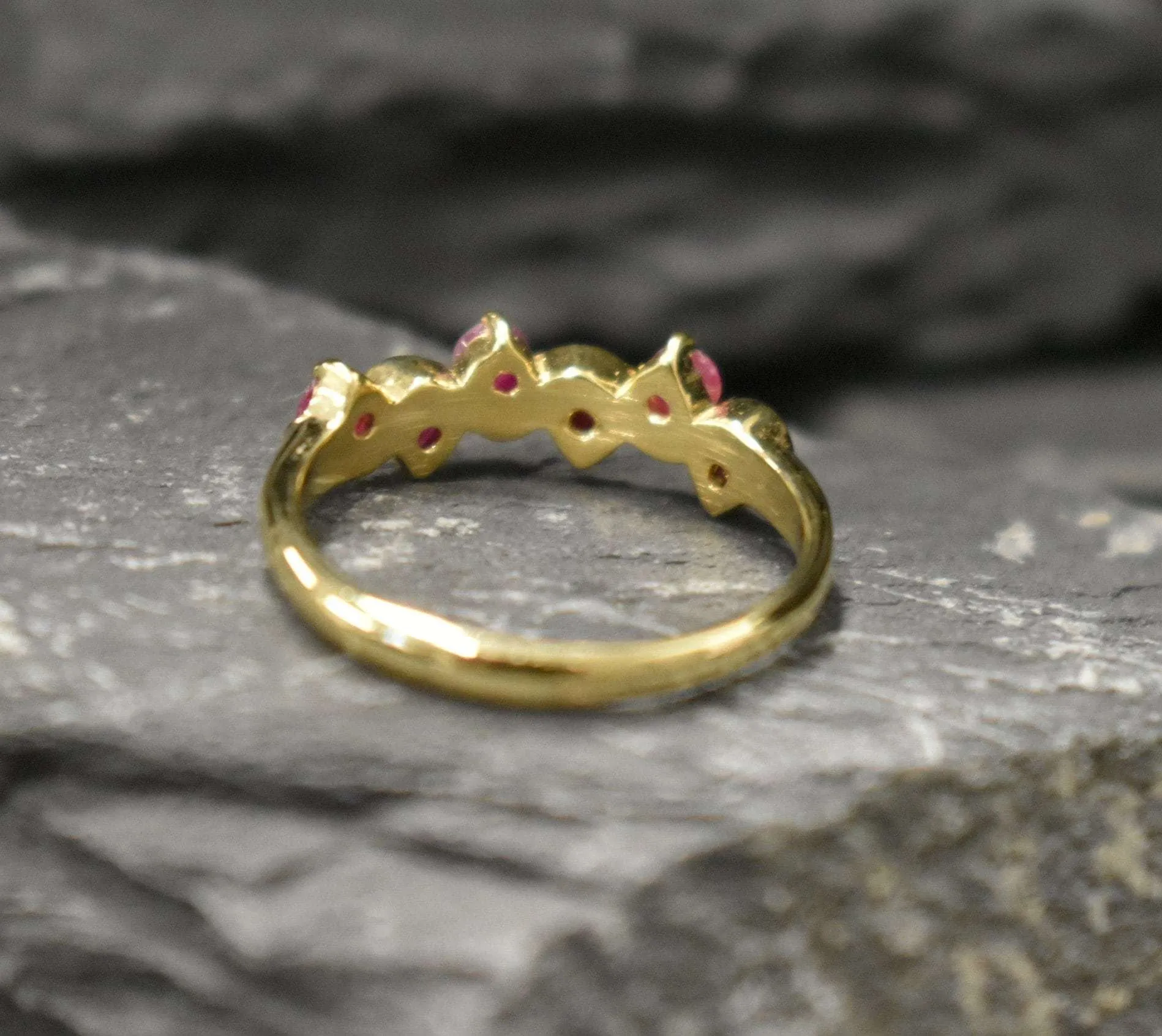 Gold Ruby Ring - Half Eternity Ring - Red Wavy Band