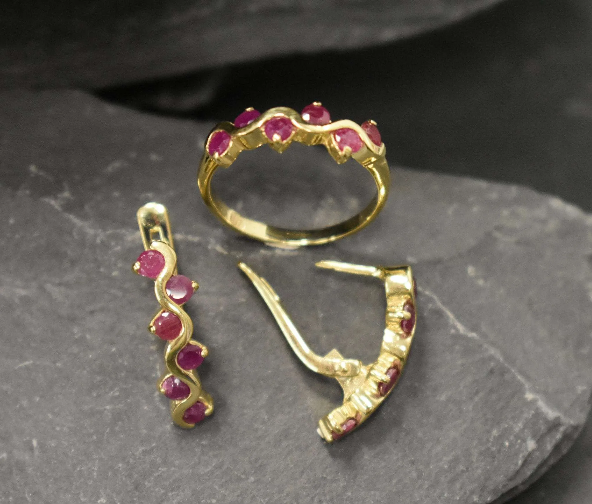 Gold Ruby Ring - Half Eternity Ring - Red Wavy Band