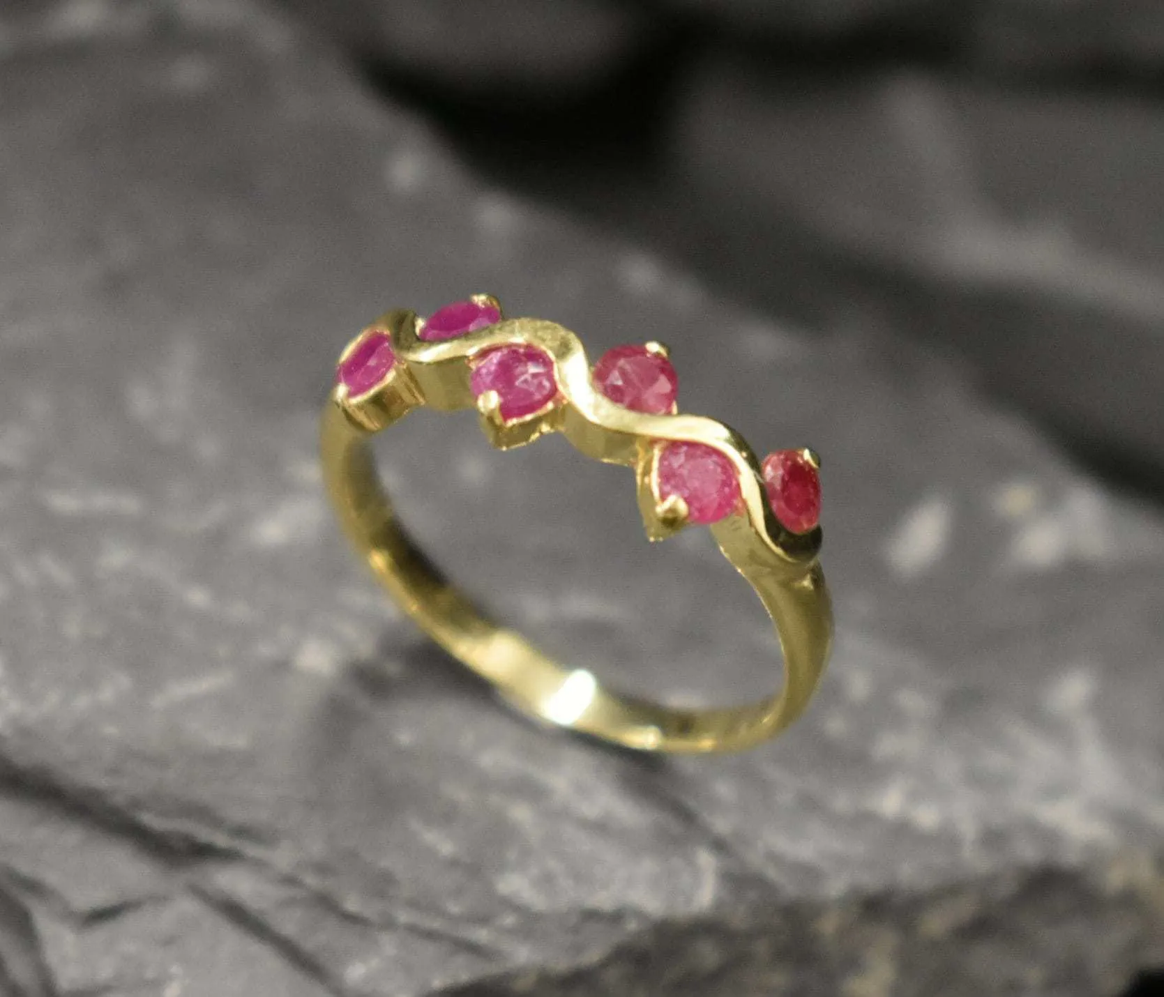 Gold Ruby Ring - Half Eternity Ring - Red Wavy Band