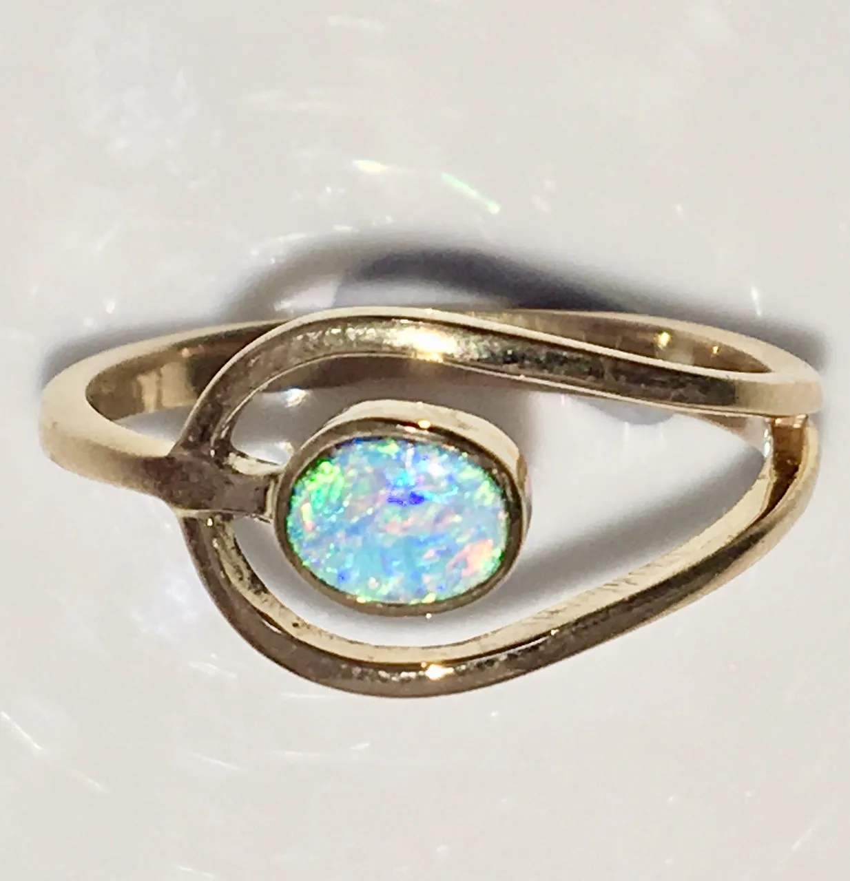 Green Multi Coloured  solid  boulder opal from Quilpie , 10K Ring