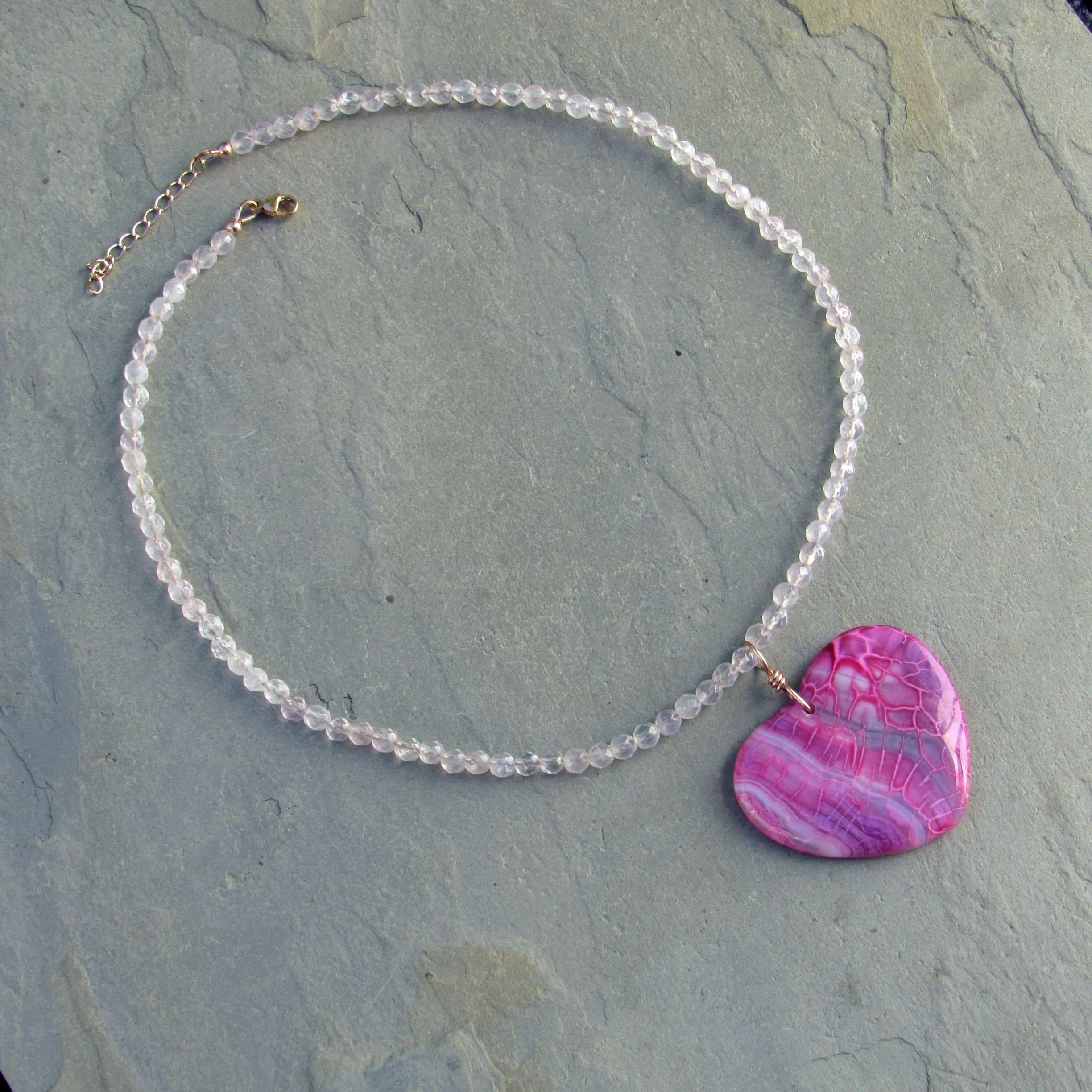 Hand Wrapped Pink Dragon’s Vein Agate Gemstone on Rose Quartz with 14 Kt Rose Gf Clasp