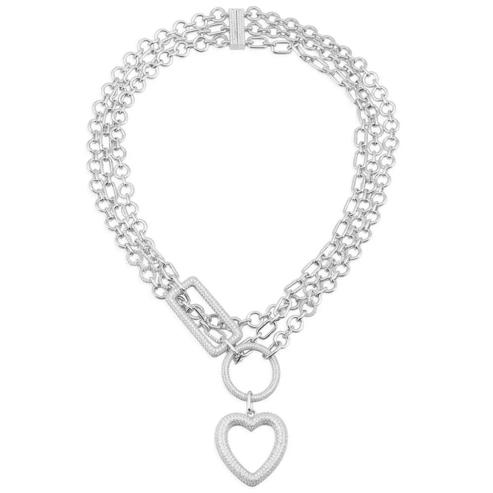 Heart Circle And Rectangle Triple Chain Necklace - White Silver