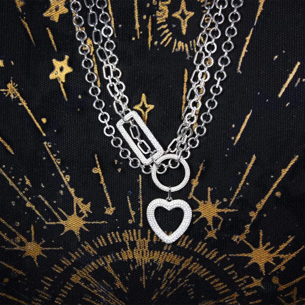 Heart Circle And Rectangle Triple Chain Necklace - White Silver