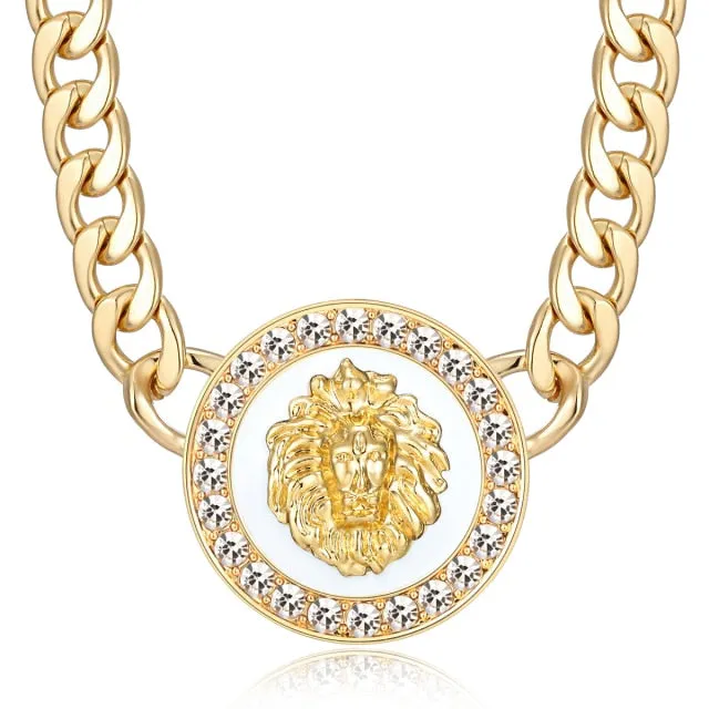 Hiphop Lion Head Choker Necklace Gold Color Statement Alloy Crystal Enamel Pendant Basketball Wives Chunky Chain Costume Jewelry