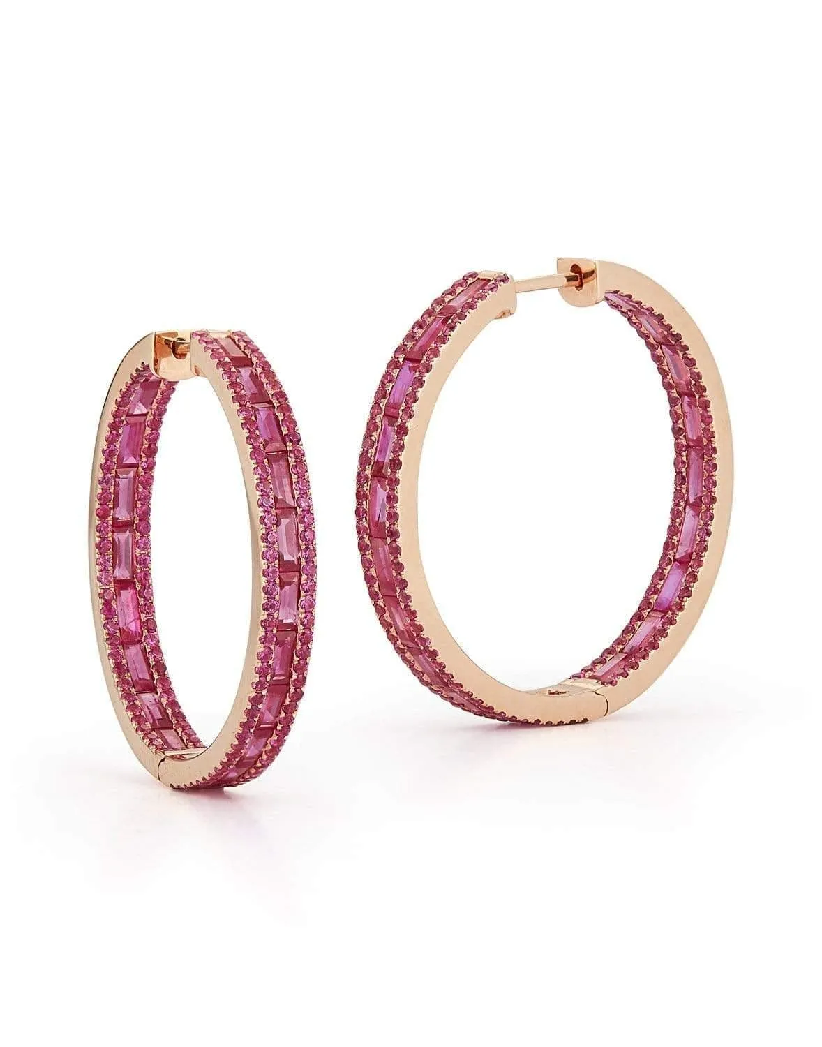 Hot Pink Sapphire Baguette Hoop Earrings