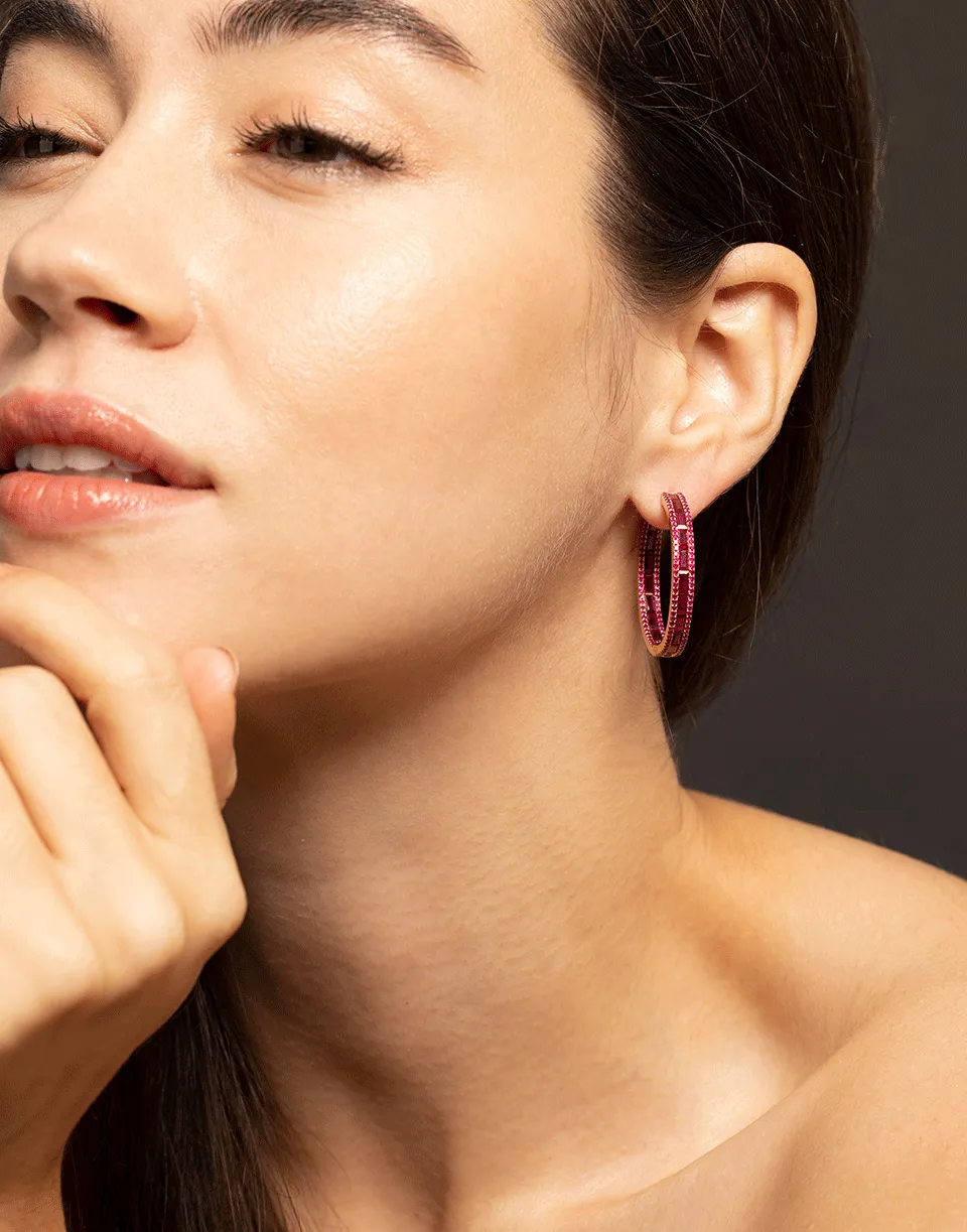 Hot Pink Sapphire Baguette Hoop Earrings