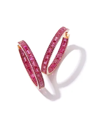 Hot Pink Sapphire Baguette Hoop Earrings