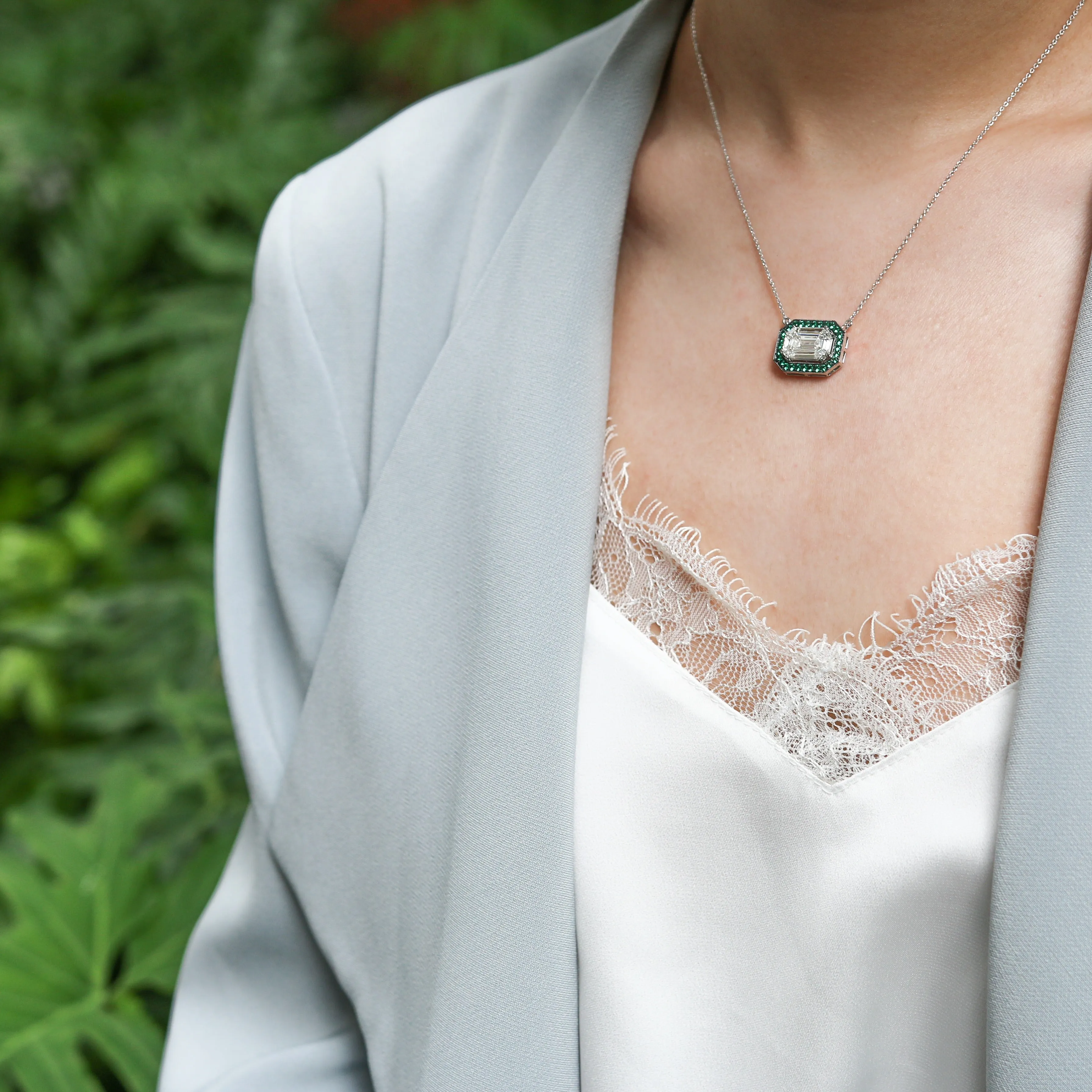 Illusion Emerald Diamond with Emerald Halo Necklace