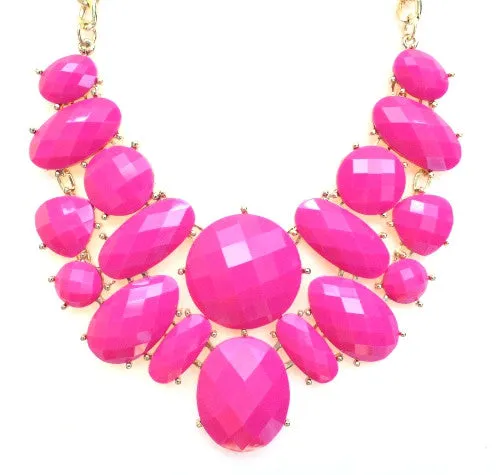 Jeweled Cluster Bib Statement Necklace- Pink