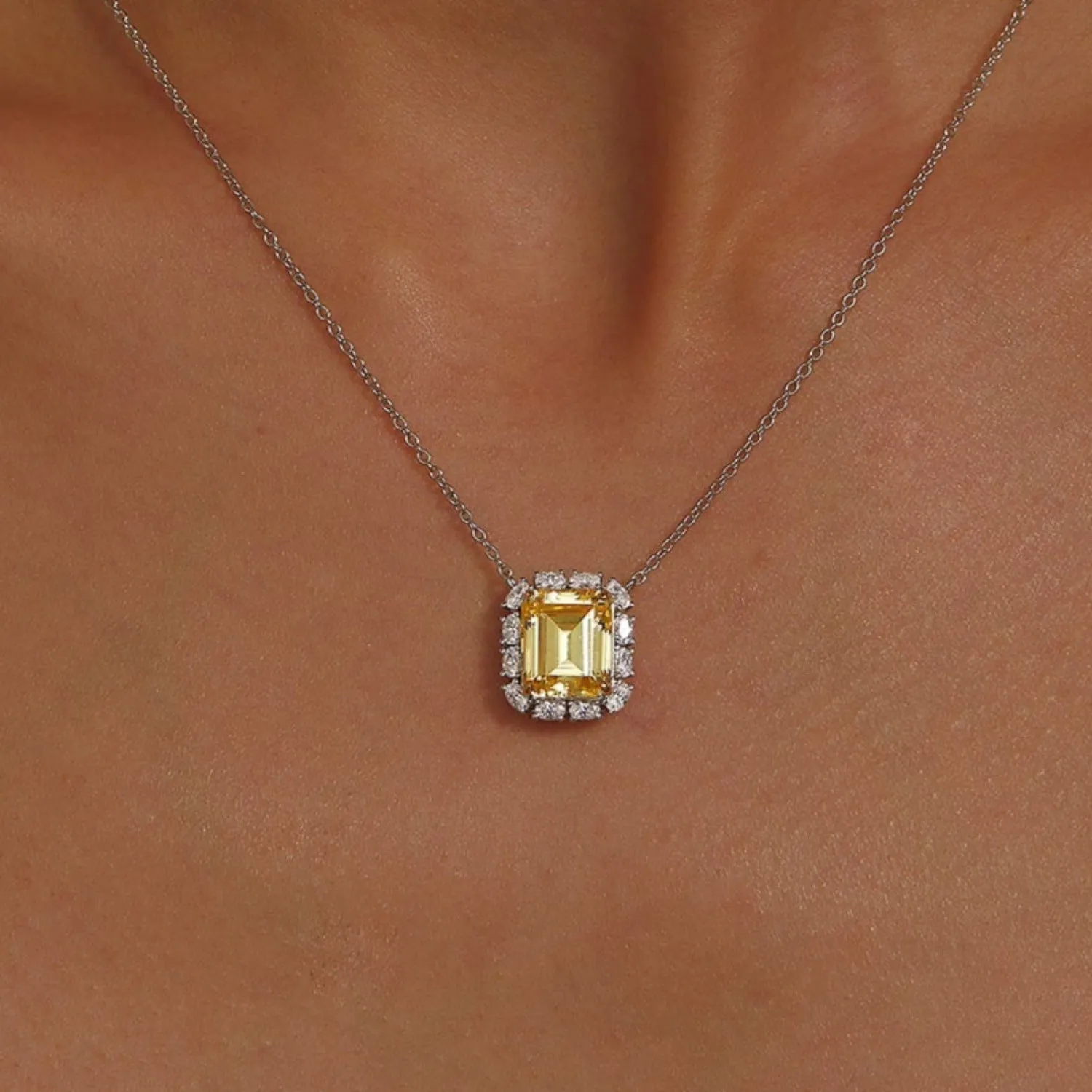 Lafonn Fancy Yellow Simulated Diamond Emerald-Cut Halo Necklace