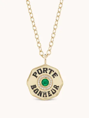 Large Porte Bonheur necklace with emerald bezel