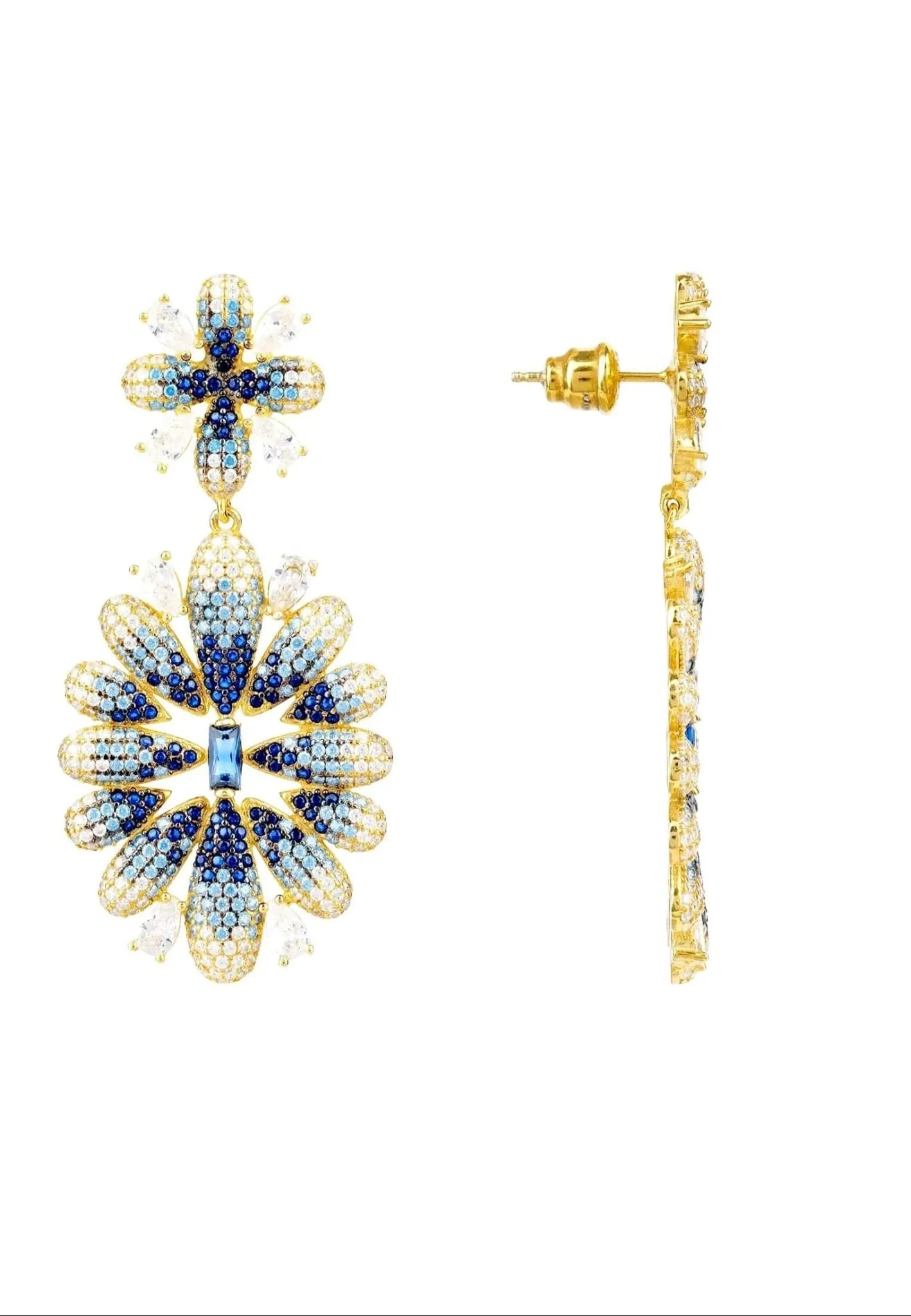 Latelita London Babylon Flower Drop Earrings Gold Blue