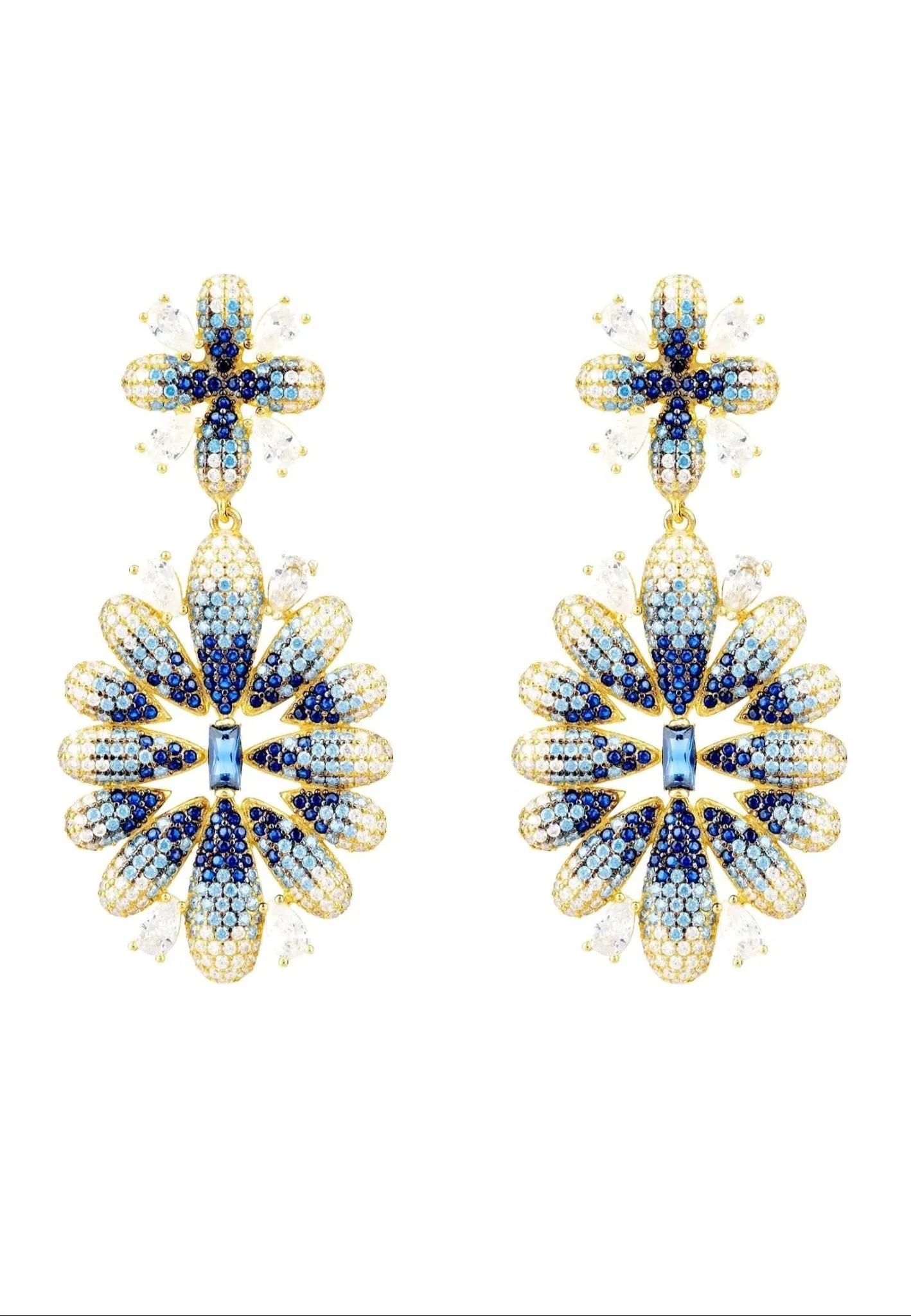 Latelita London Babylon Flower Drop Earrings Gold Blue