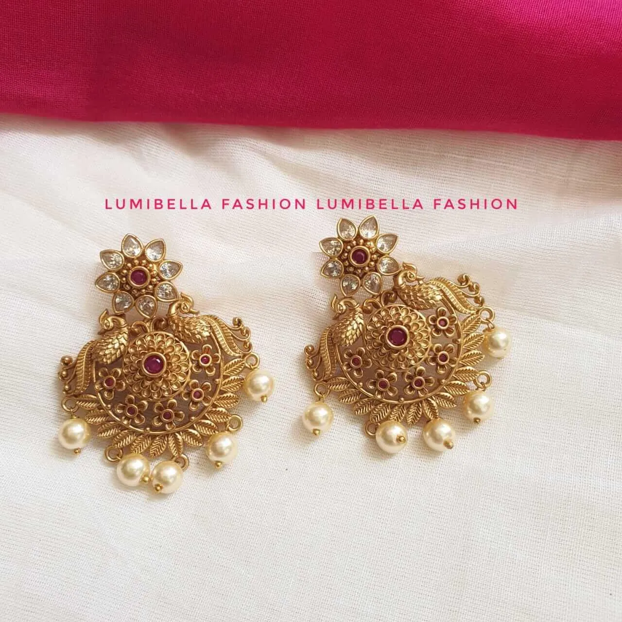 Matte Chandbali Earrings With Ruby And Pearls