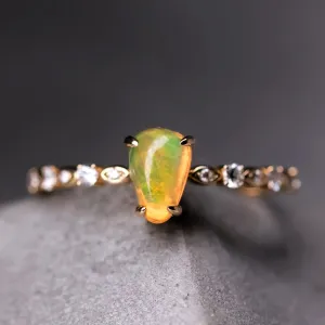 Minimalist Mexican Fire Opal Diamond Engagement Ring 18K Yellow Gold