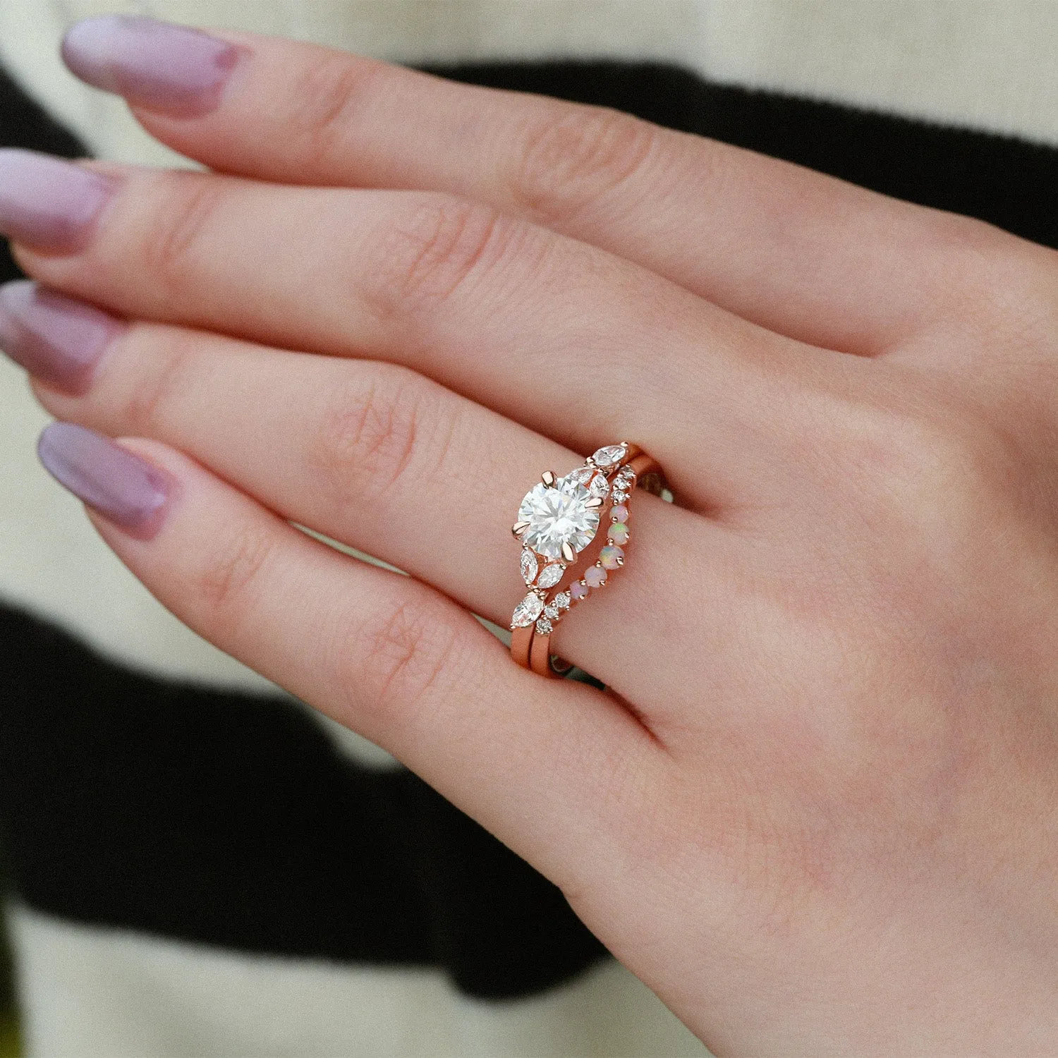 Moissanite & Opal Rose Gold Ring Set 2pcs