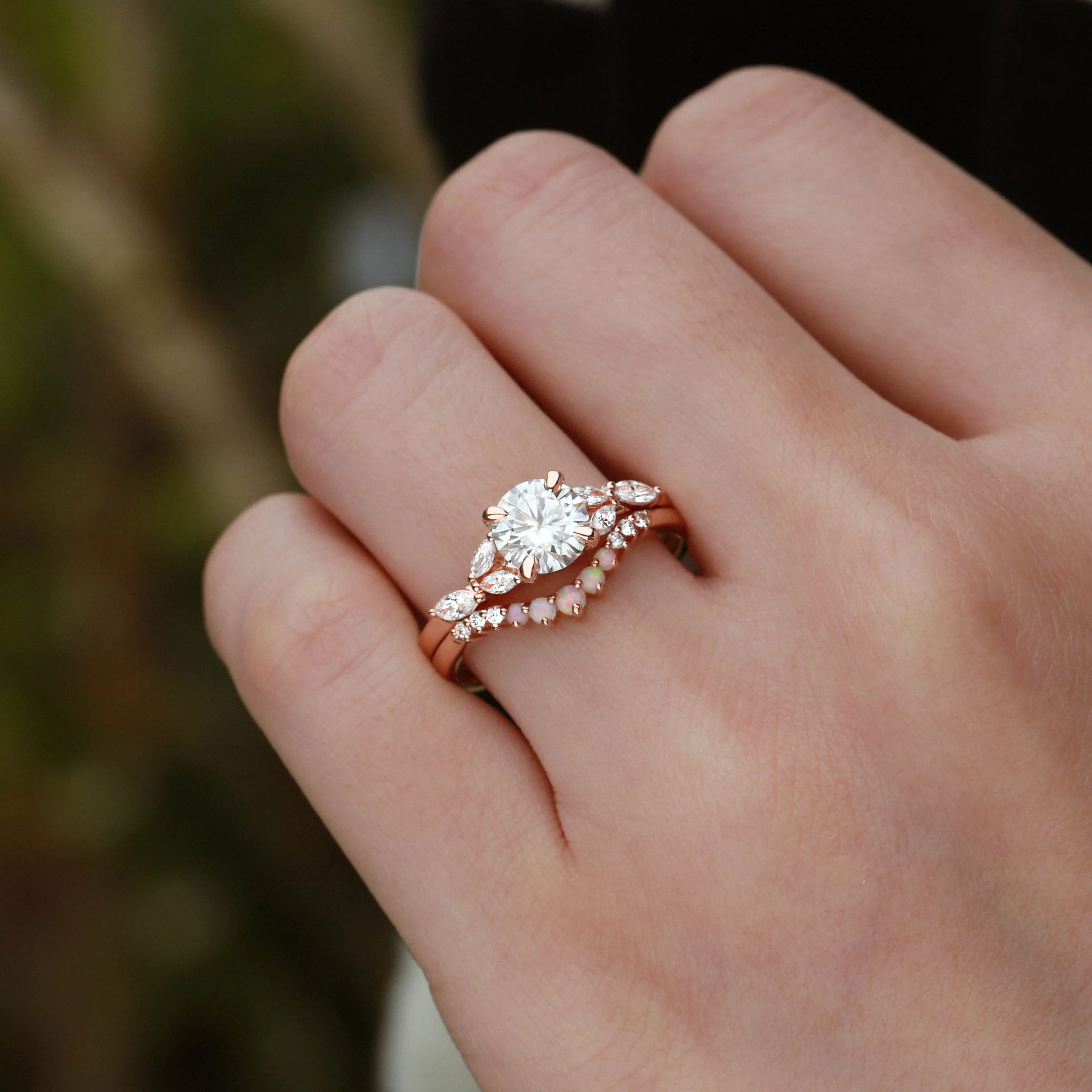 Moissanite & Opal Rose Gold Ring Set 2pcs